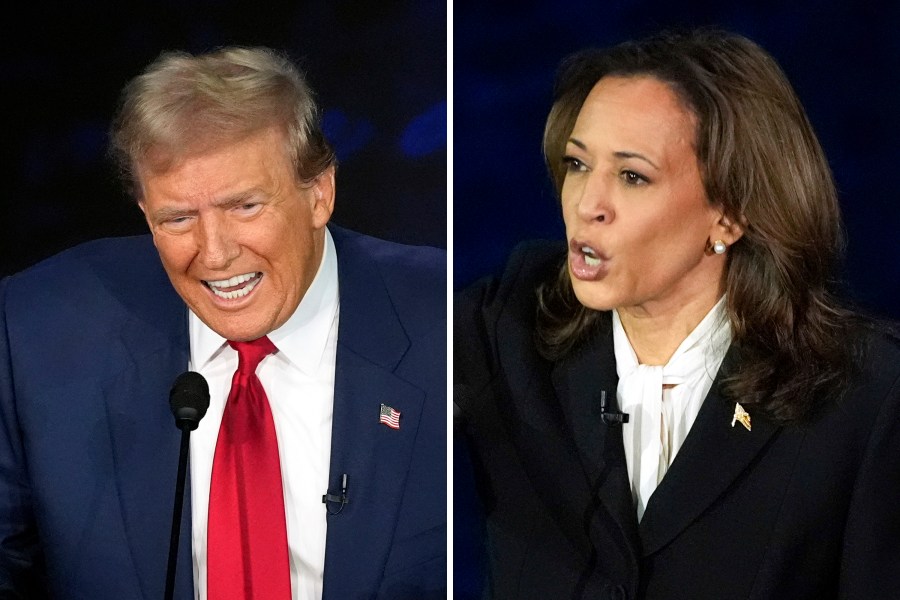 This combination of photos shows Republican presidential nominee former President Donald Trump, left, and Democratic presidential nominee Vice President Kamala Harris during an ABC News presidential debate at the National Constitution Center, Sept. 10, 2024, in Philadelphia. (AP Photo/Alex Brandon)