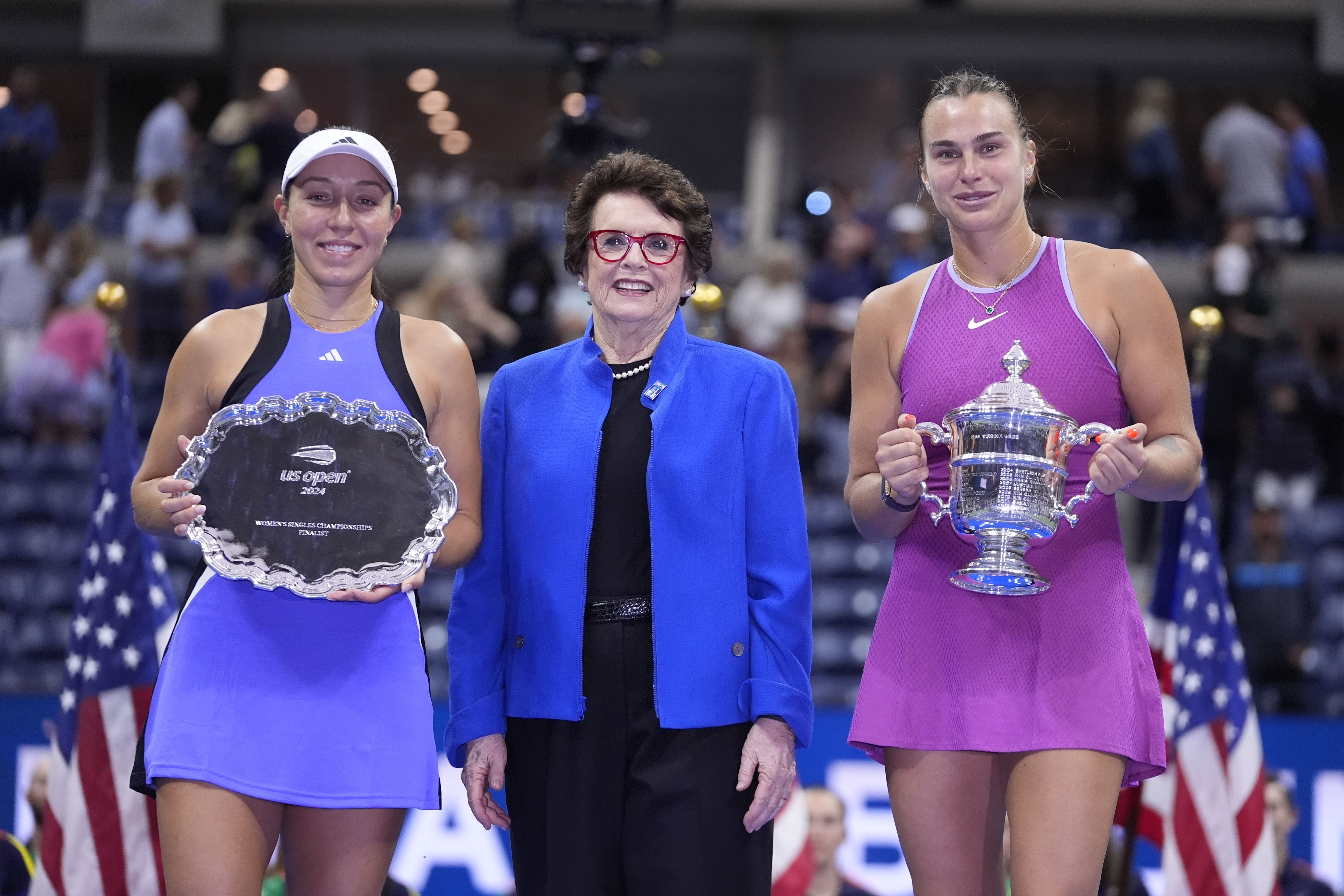 Billie Jean King poses with Jessica Pegula, left, of the United States, and Aryna Sabalenka, of Belarus, following the women's singles final of the U.S. Open tennis championships, Saturday, Sept. 7, 2024, in New York. Sabalenka won the match (AP Photo/Frank Franklin II)