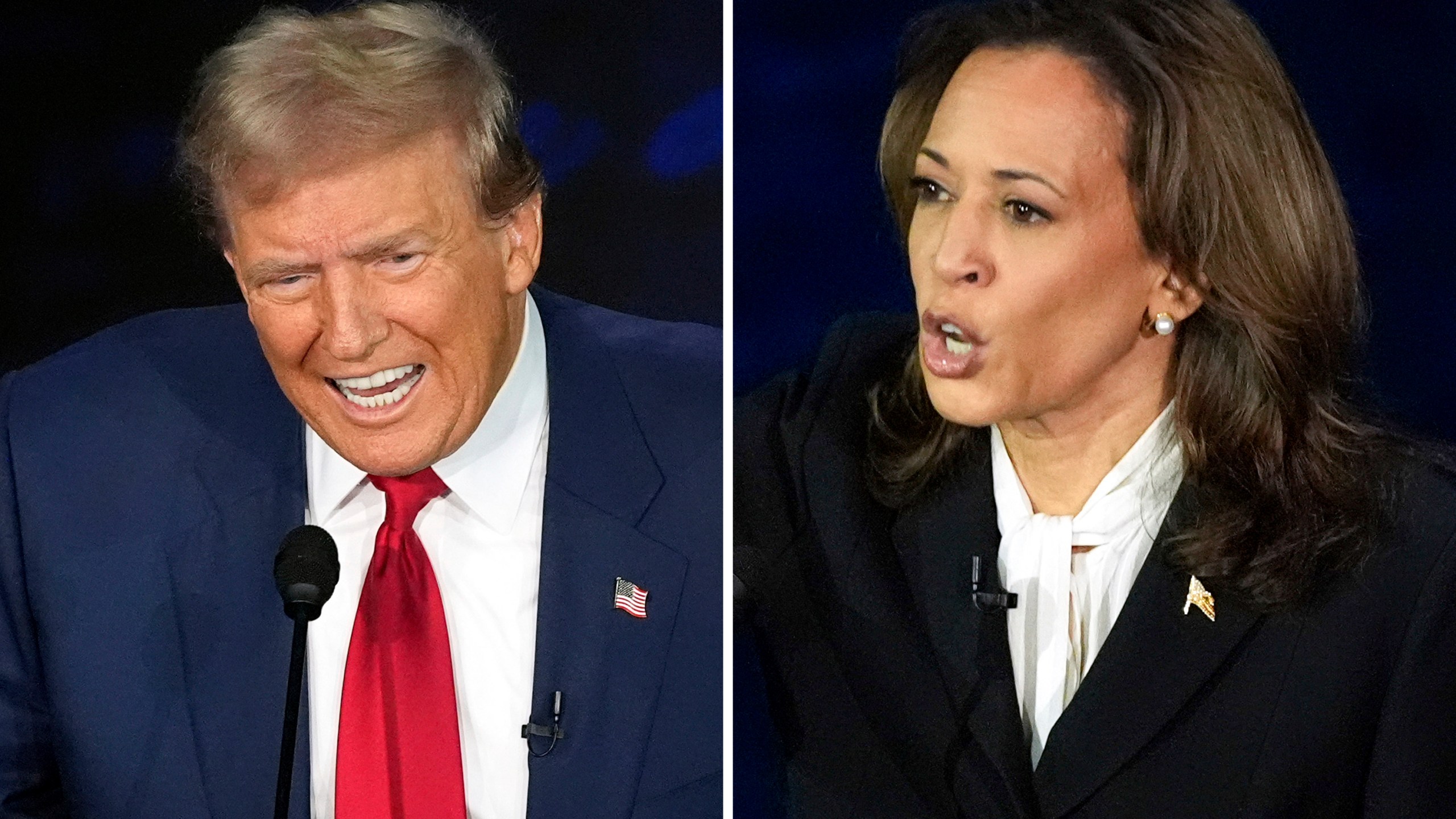 This combination of photos shows Republican presidential nominee former President Donald Trump, left, and Democratic presidential nominee Vice President Kamala Harris during an ABC News presidential debate at the National Constitution Center, Sept. 10, 2024, in Philadelphia. (AP Photo/Alex Brandon)