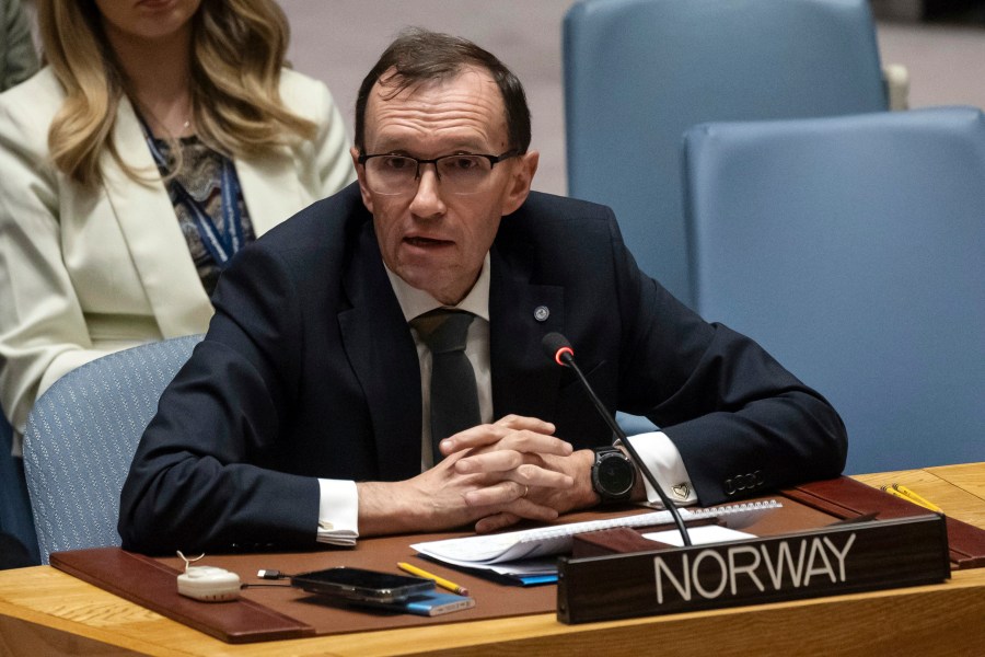 FILE - Norwegian Foreign Minister Espen Barth Eide speaks during a Security Council meeting at United Nations headquarters, Jan. 23, 2024. (AP Photo/Yuki Iwamura, File)