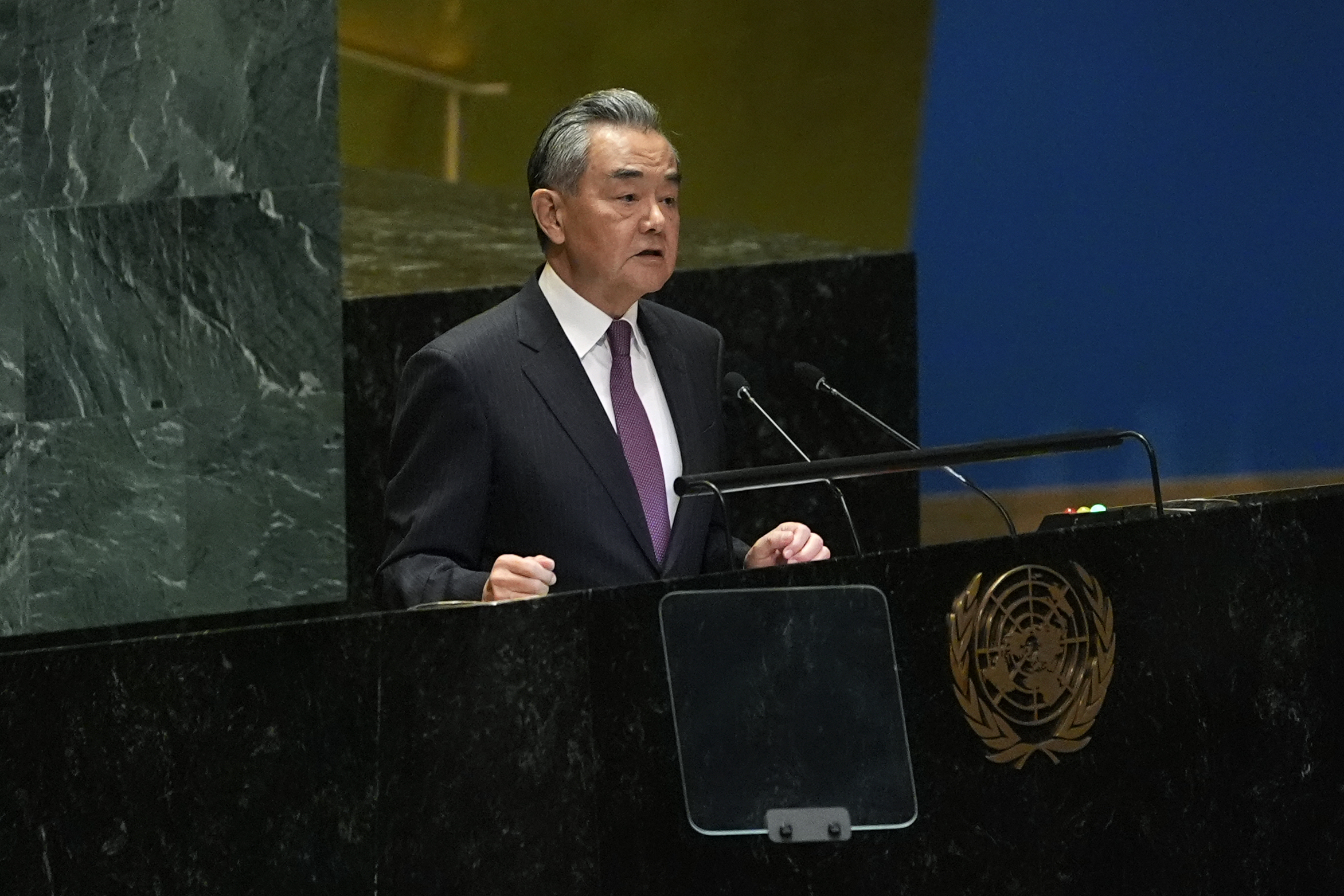 China's Minister for Foreign Affairs Wang Yi addresses the 79th session of the United Nations General Assembly, Saturday, Sept. 28, 2024. (AP Photo/Pamela Smith)