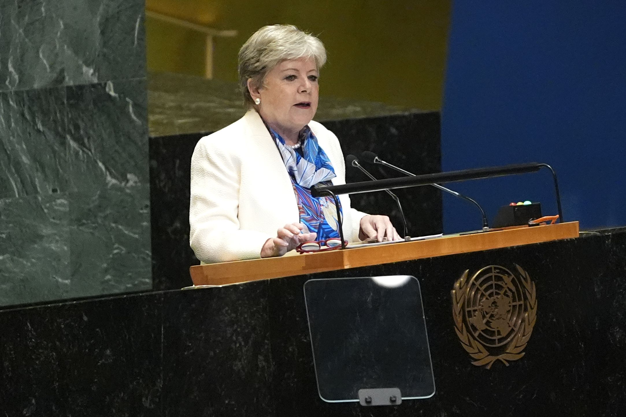 Mexico's Minister for Foreign Affairs Alicia Bárcena addresses the 79th session of the United Nations General Assembly, Saturday, Sept. 28, 2024. (AP Photo/Pamela Smith)