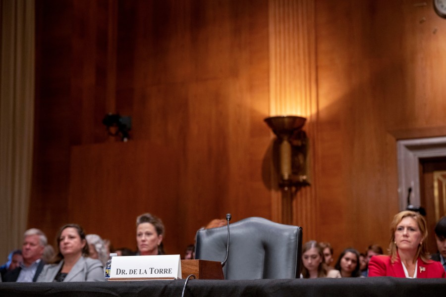 The chair reserved for Steward Health Care System CEO Ralph de la Torre sits empty after de la Torre failed to show and testify before the Senate Health, Education, Labor, and Pensions hearing to examine the bankruptcy of Steward Health Care on Thursday, Sept. 12, 2024 on Capitol Hill in Washington. (AP Photo/Kevin Wolf)