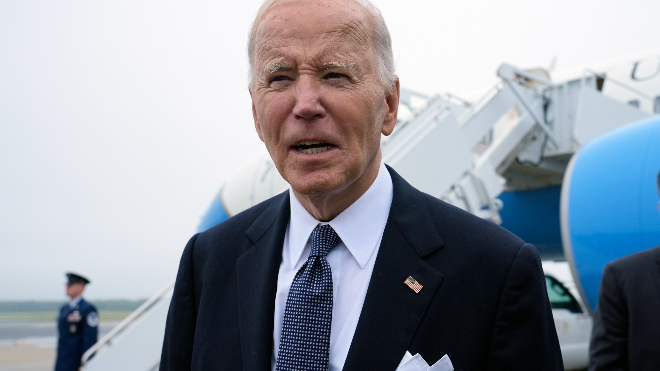 President Joe Biden speaks the the media after stepping off Air Force One at Dover Air Force Base in Delaware, Friday, Sept. 27, 2024, to spend the weekend at his beach home in Rehoboth Beach, Del. (AP Photo/Susan Walsh)