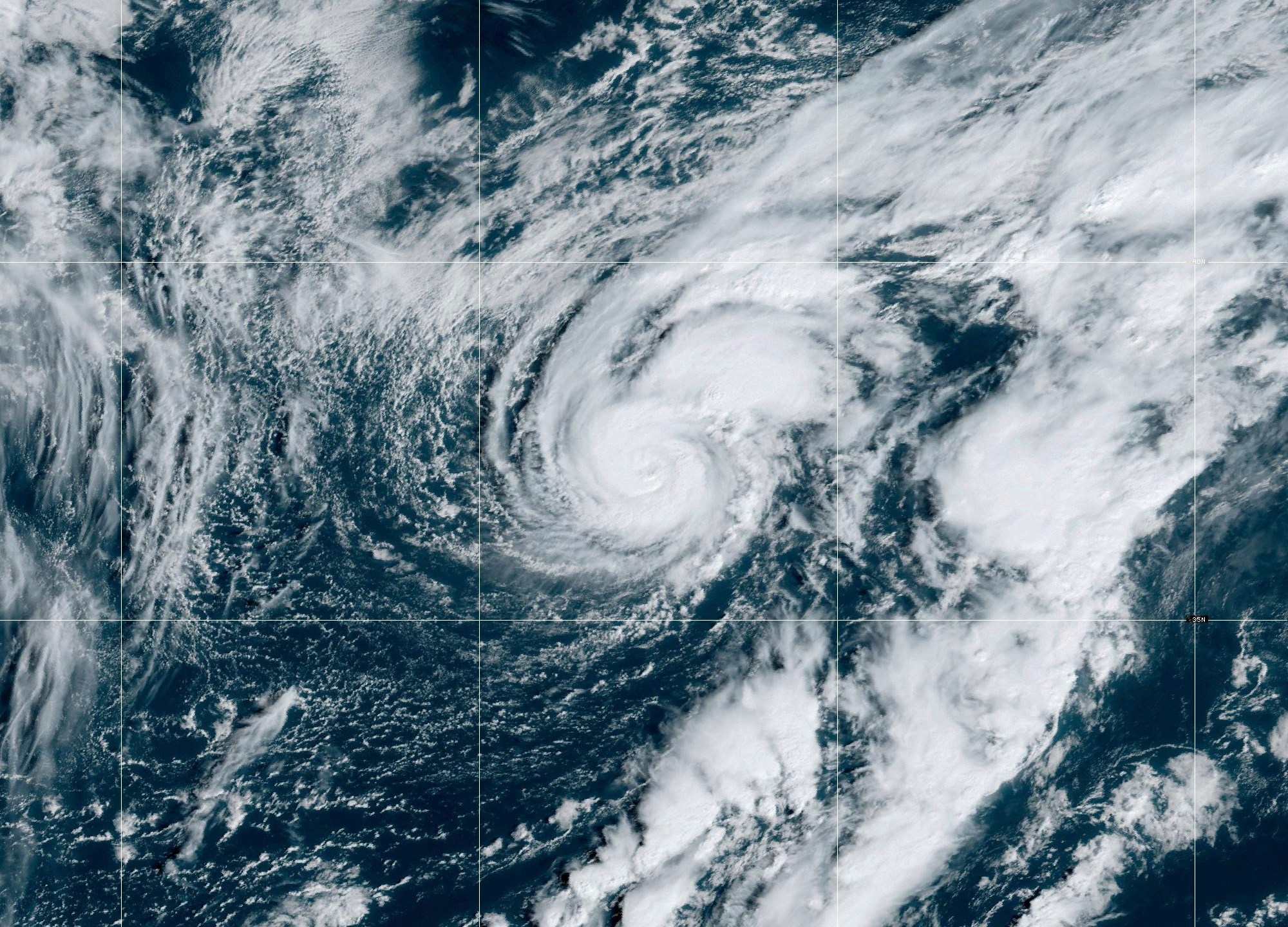 This satellite map provided by National Oceanic and Atmospheric Administration (NOAA) shows Hurricane Isaac on Friday, Sept. 27, 2024. (NOAA via AP)