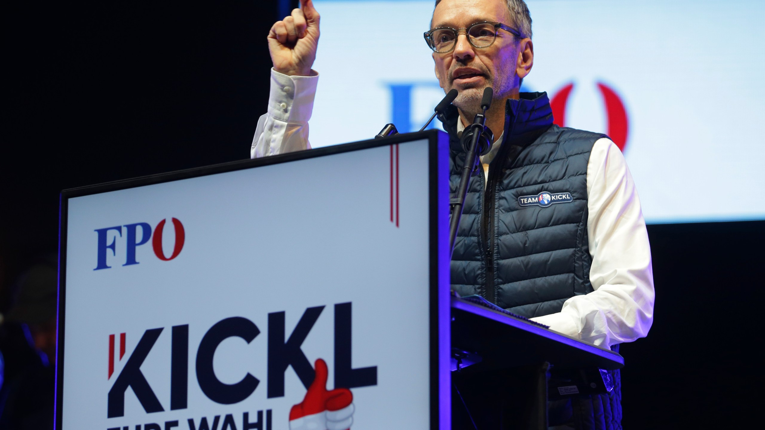 Head of the Freedom Party (FPOE) Herbert Kickl gestures during his speech at a final election campaign event at St. Stephen's square in Vienna, Austria, Friday, Sept. 27, 2024, ahead of the country's national election which will take place on Sept. 29. (AP Photo/Heinz-Peter Bader)