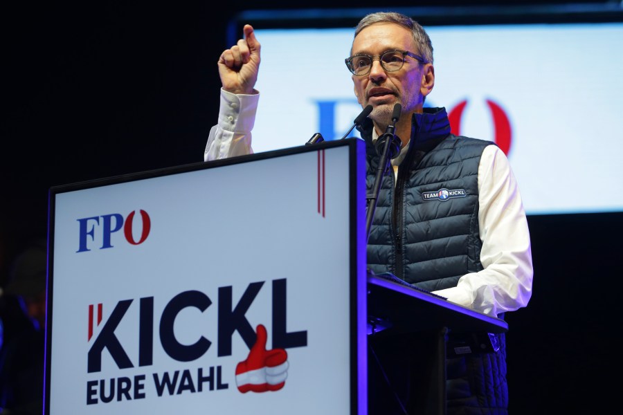 Head of the Freedom Party (FPOE) Herbert Kickl gestures during his speech at a final election campaign event at St. Stephen's square in Vienna, Austria, Friday, Sept. 27, 2024, ahead of the country's national election which will take place on Sept. 29. (AP Photo/Heinz-Peter Bader)