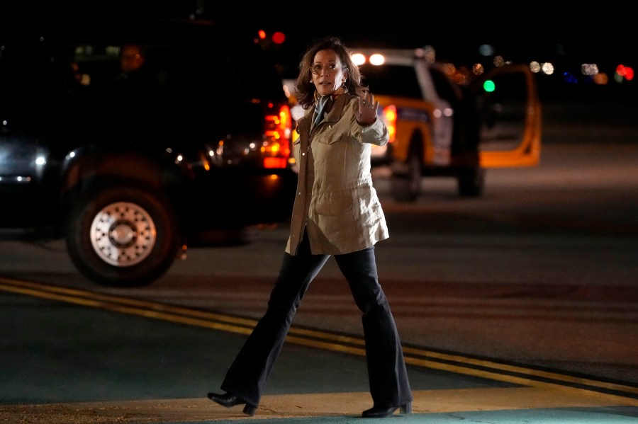 Democratic presidential nominee Vice President Kamala Harris waves as she arrives in San Francisco, Friday, Sept. 27, 2024. (AP Photo/Jeff Chiu)