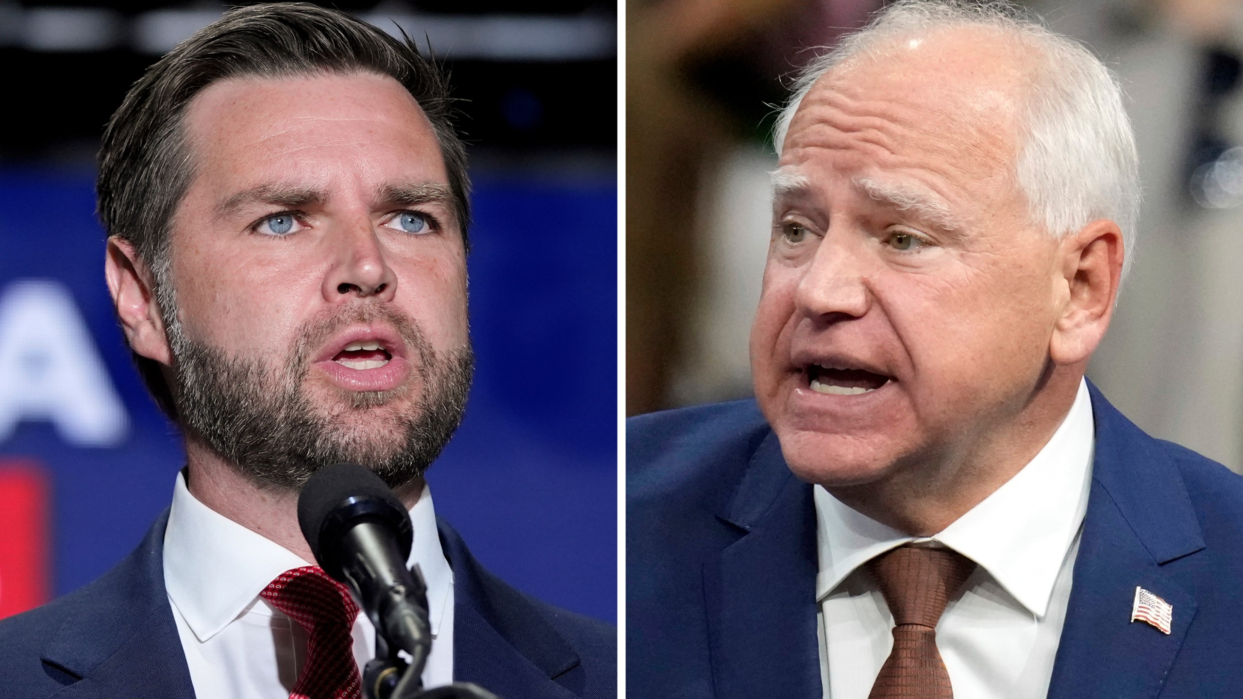 This combination of photos shows Republican vice presidential nominee Sen. JD Vance, R-Ohio, left, on Aug. 6, 2024, in Philadelphia, and Democratic vice presidential candidate Minnesota Gov. Tim Walz, Aug. 9, 2024, in Glendale, Ariz. (AP Photo)