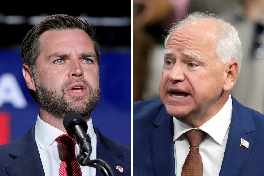 This combination of photos shows Republican vice presidential nominee Sen. JD Vance, R-Ohio, left, on Aug. 6, 2024, in Philadelphia, and Democratic vice presidential candidate Minnesota Gov. Tim Walz, Aug. 9, 2024, in Glendale, Ariz. (AP Photo)