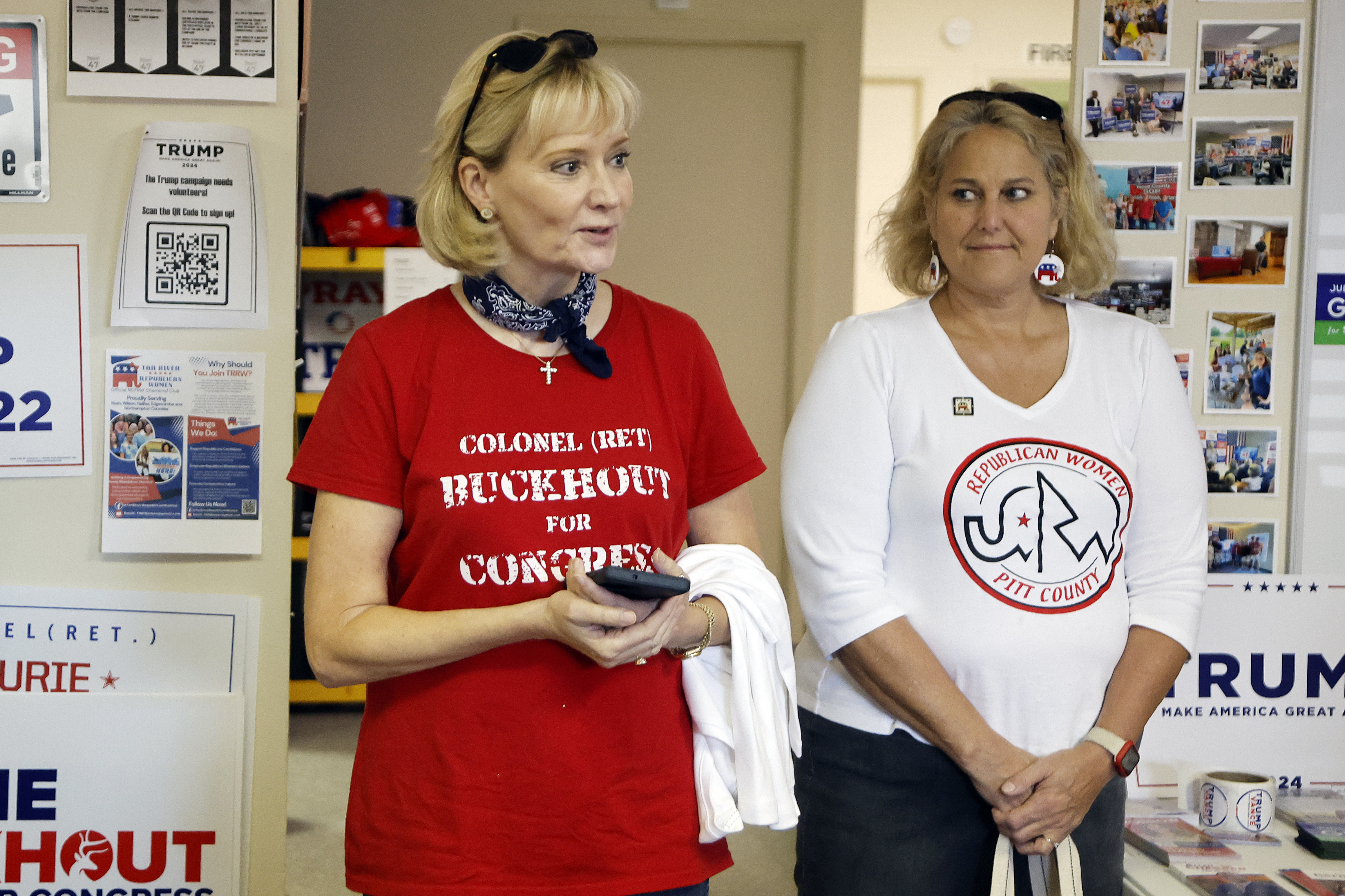 Congressional candidate Laurie Buckhout, R-N.C., left, speaks to supporters at the Nash County Republican headquarters in Rocky Mount, N.C., Friday, Sept. 20, 2024. (AP Photo/Karl B DeBlaker)