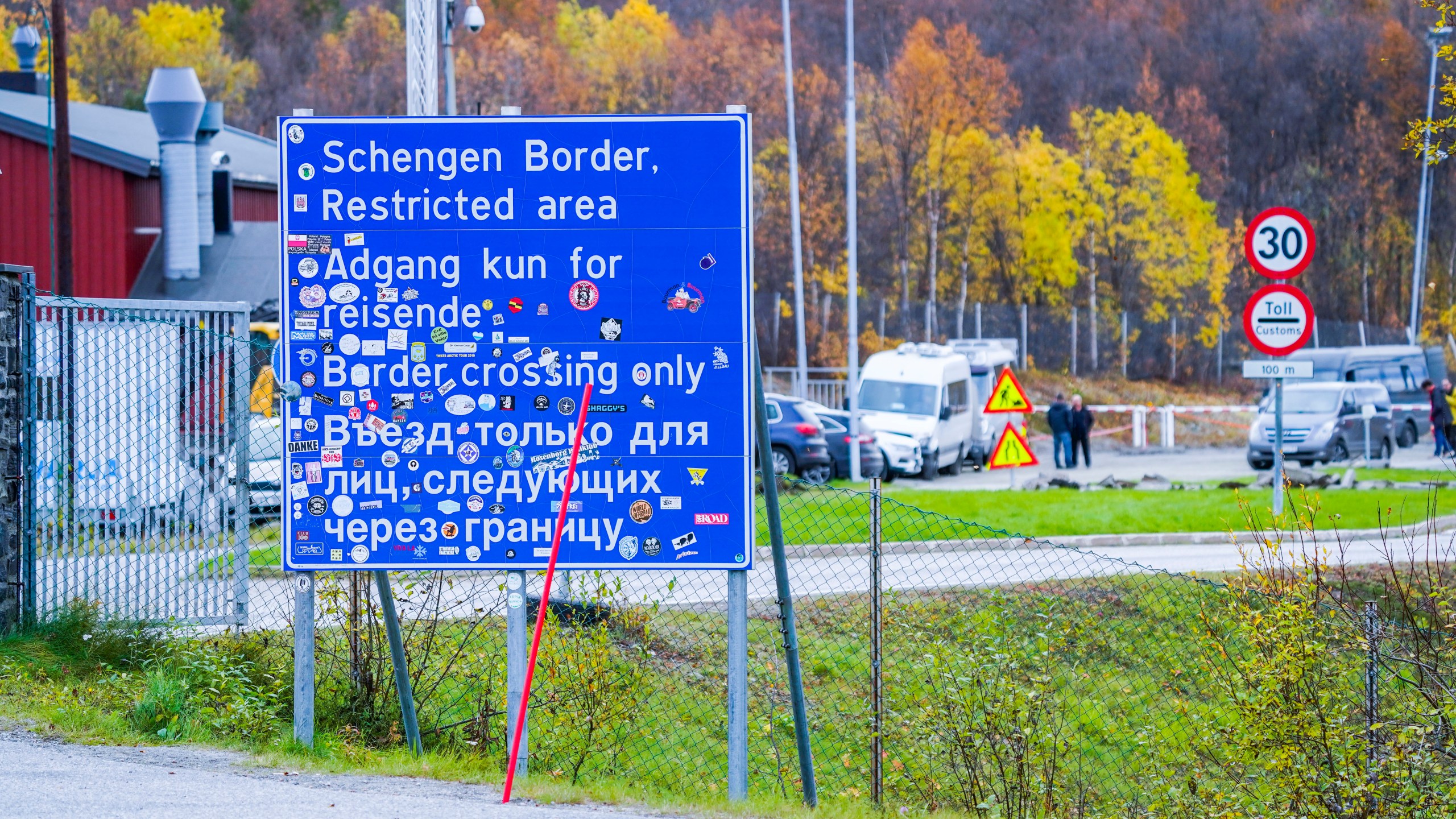 FILE - A sign indicating the Storskog border crossing between Russia and Norway is pictured near Kirkenes, Norway, on Sept. 28, 2022. (Lise Aserud/NTB Scanpix via AP, File)