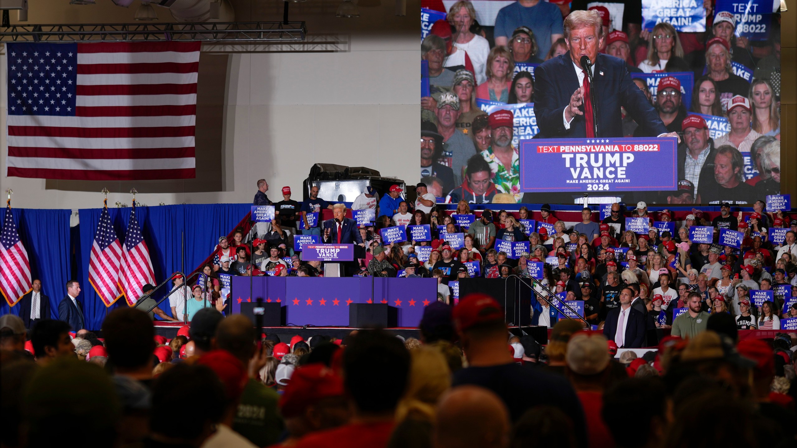 Republican presidential nominee former President Donald Trump speaks at a campaign event, Sunday, Sept. 29, 2024, in Erie, Pa. (AP Photo/Matt Rourke)