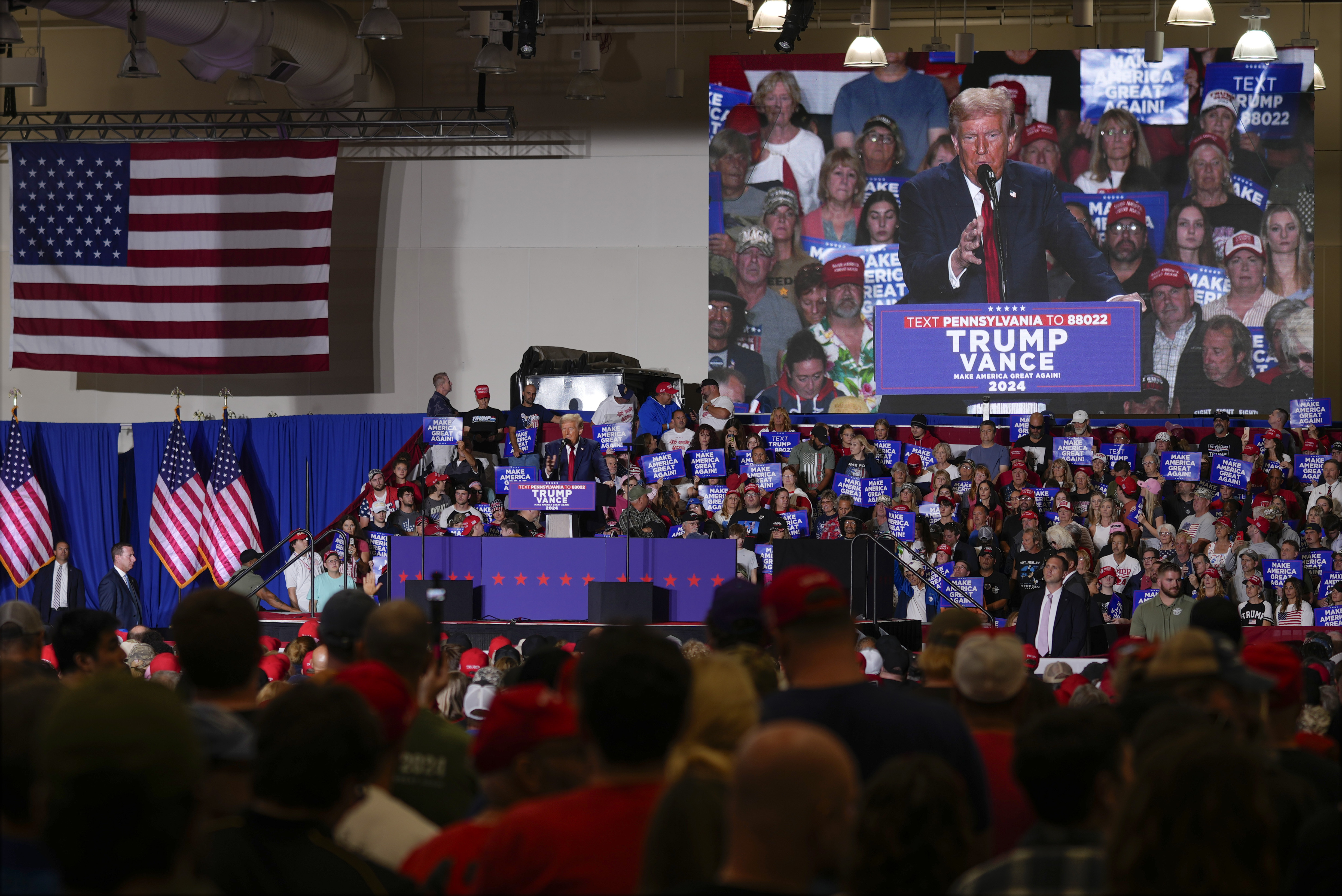 Republican presidential nominee former President Donald Trump speaks at a campaign event, Sunday, Sept. 29, 2024, in Erie, Pa. (AP Photo/Matt Rourke)