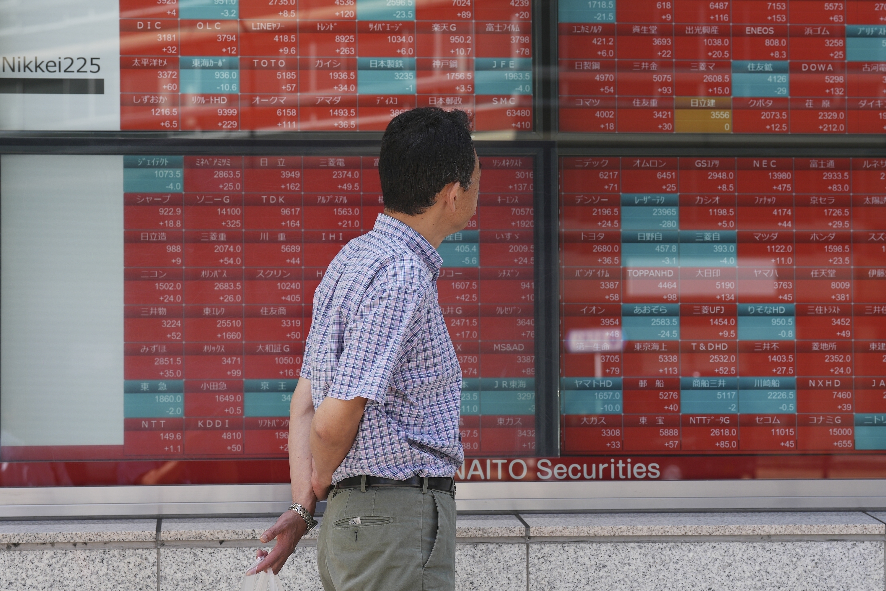 FILE - A person looks at an electronic stock board showing Japan's stock prices, at a securities firm Thursday, Sept. 26, 2024, in Tokyo. (AP Photo/Eugene Hoshiko, File)