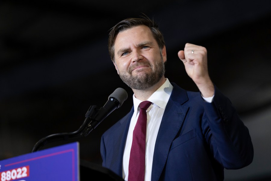 Republican vice presidential nominee Sen. JD Vance, R-Ohio, speaks during a campaign rally Saturday, Sept. 28, 2024, in Newtown, Pa. (AP Photo/Laurence Kesterson)