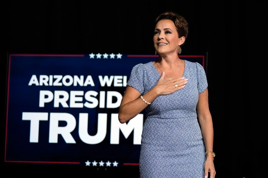 FILE - Kari Lake, Republican candidate for Senate in Arizona, arrives to speak at a campaign event for Republican presidential nominee former President Donald Trump at the Linda Ronstadt Music Hall, Thursday, Sept.12, 2024, in Tucson, Ariz. (AP Photo/Alex Brandon, File)