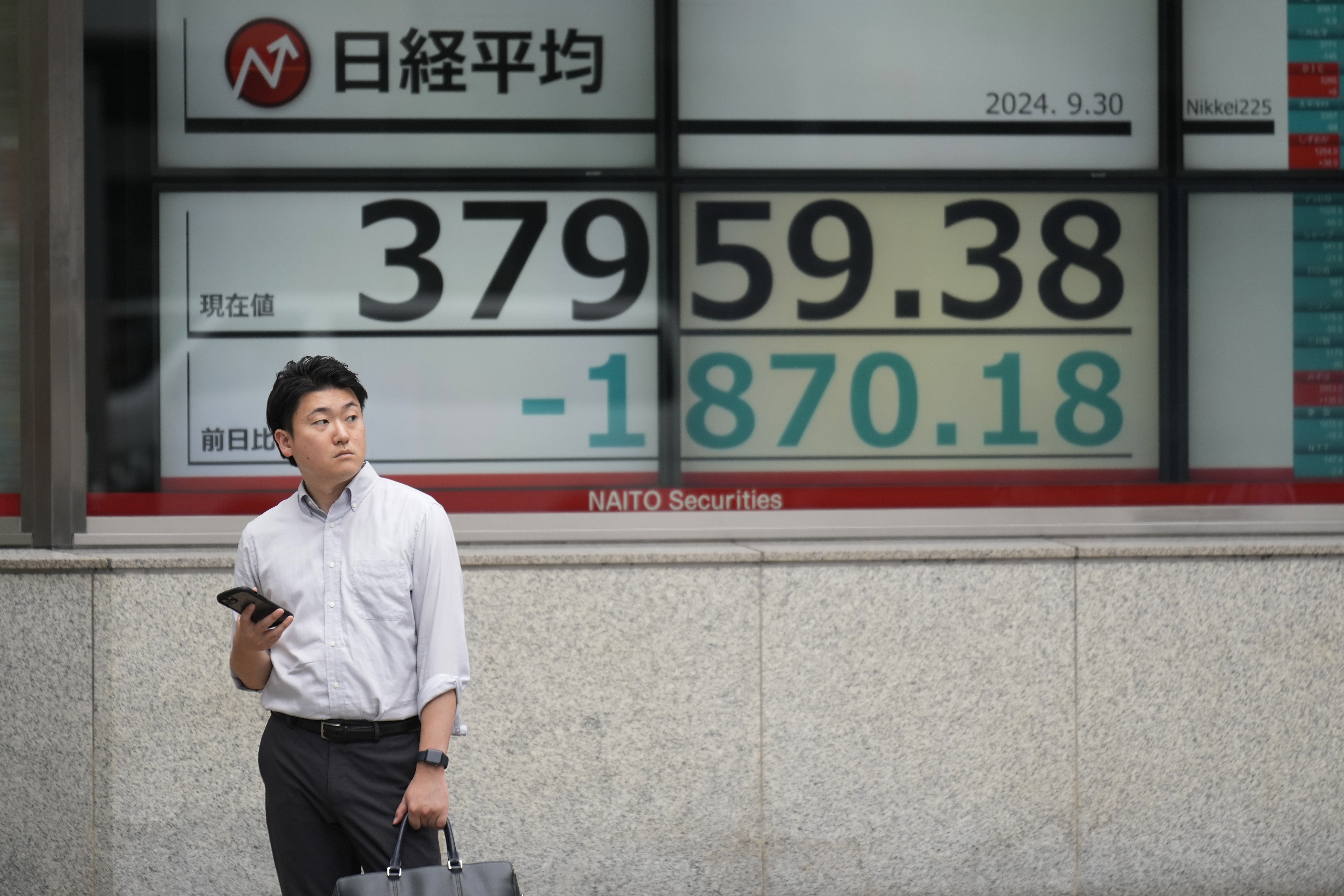 A man stands by monitors showing Japan's Nikkei 225 index at a securities firm as he waits at a traffic intersection in Tokyo, Monday, Sept. 30, 2024. (AP Photo/Hiro Komae)