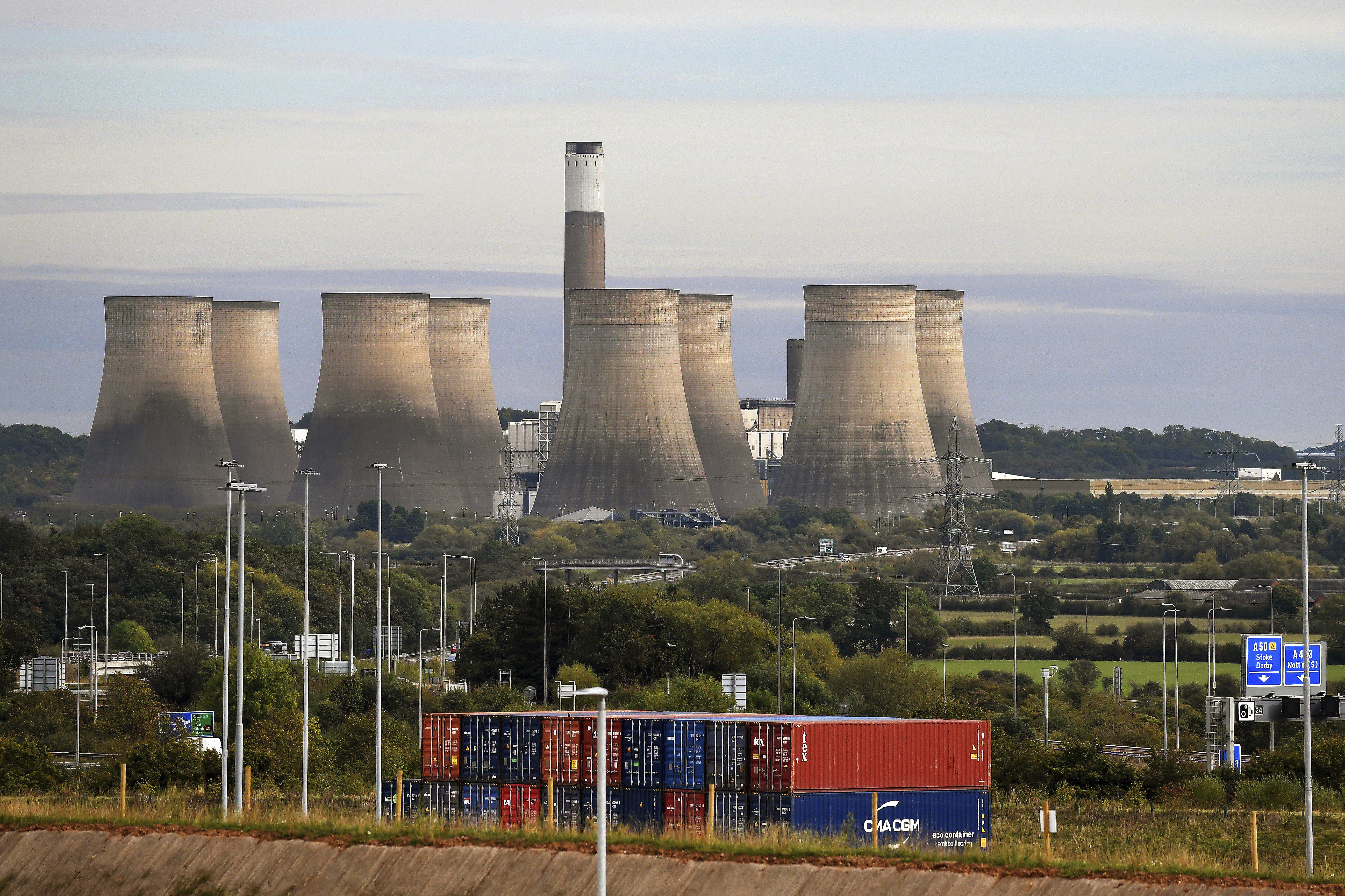 General view of Ratcliffe-on-Soar power station in Nottingham, England, Sunday, Sept. 29, 2024. The UK's last coal-fired power plant, Ratcliffe-on-Soar, will close, marking the end of coal-generated electricity in the nation that sparked the Industrial Revolution. (AP Photo/Rui Vieira)