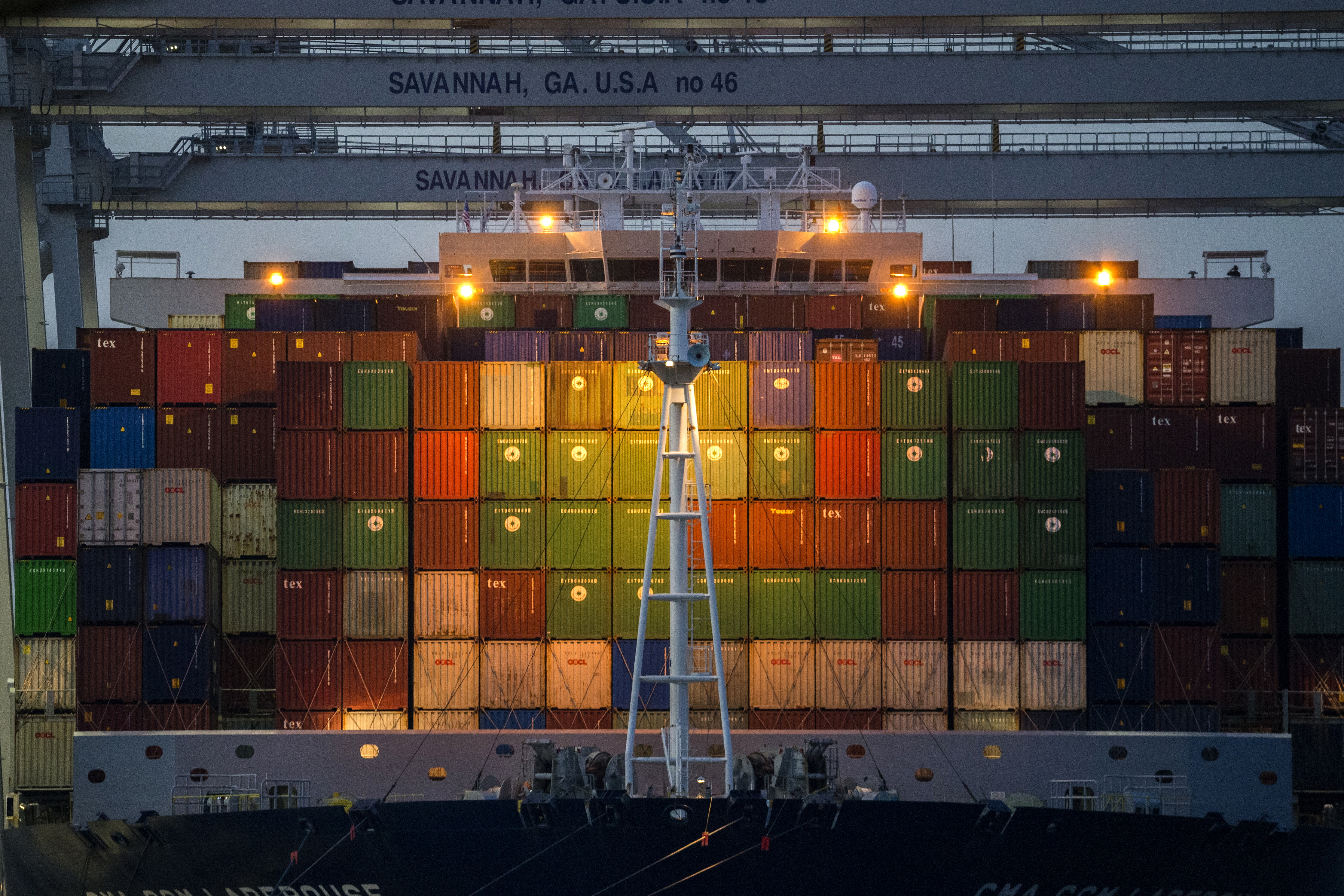 FILE - Ship to shore cranes work the container ship CMA CGM Laperouse at the Georgia Ports Authority's Port of Savannah, Sept. 29, 2021, in Savannah, Ga. (AP Photo/Stephen B. Morton, File)