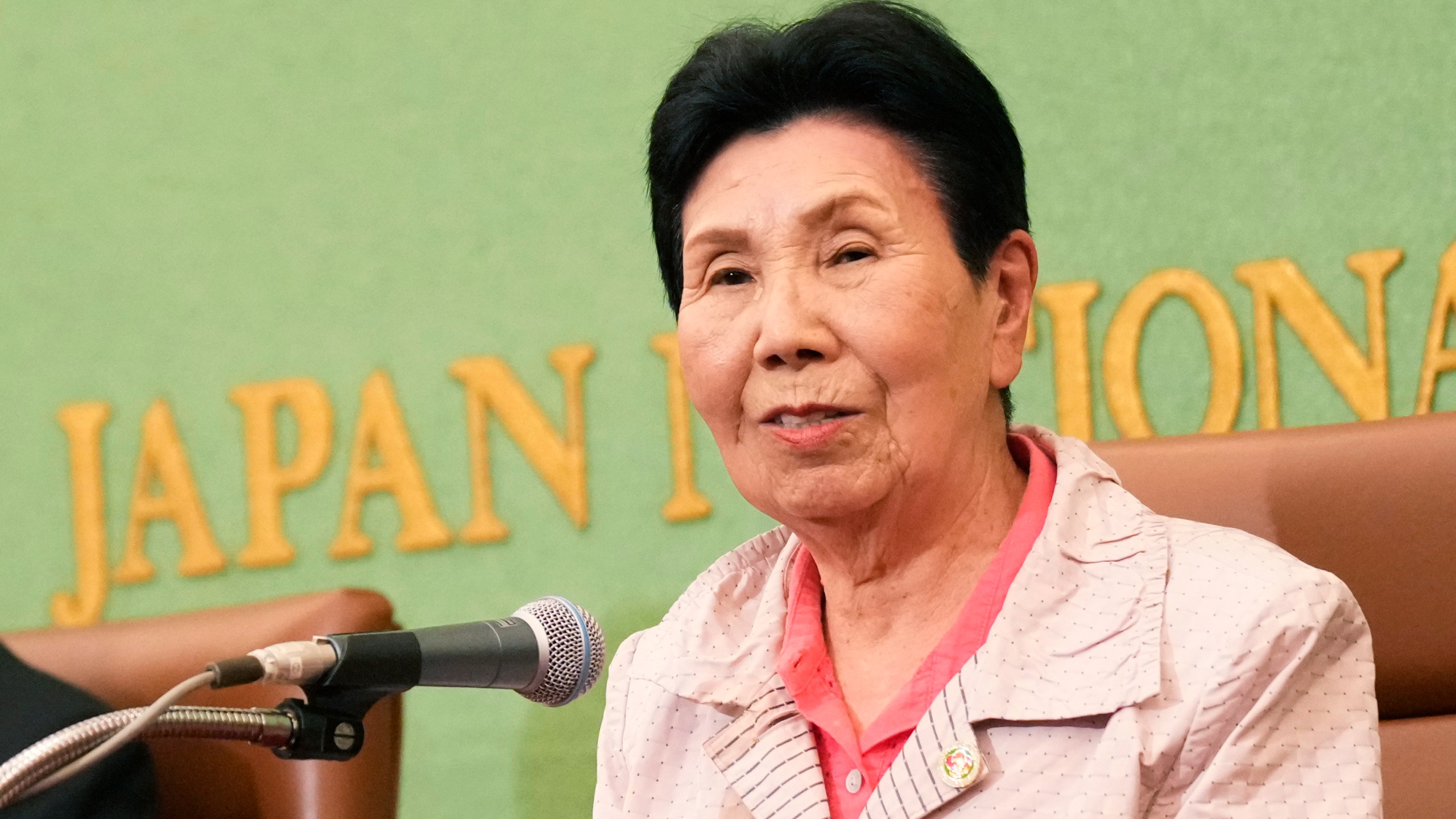 Hideko Hakamada, a sister of Iwao Hakamada, who was recently acquitted by a district court after a retrial for a 1966 quadruple murder, speaks during a news conference in Tokyo, Monday, Sept. 30, 2024. (AP Photo/Hiro Komae)