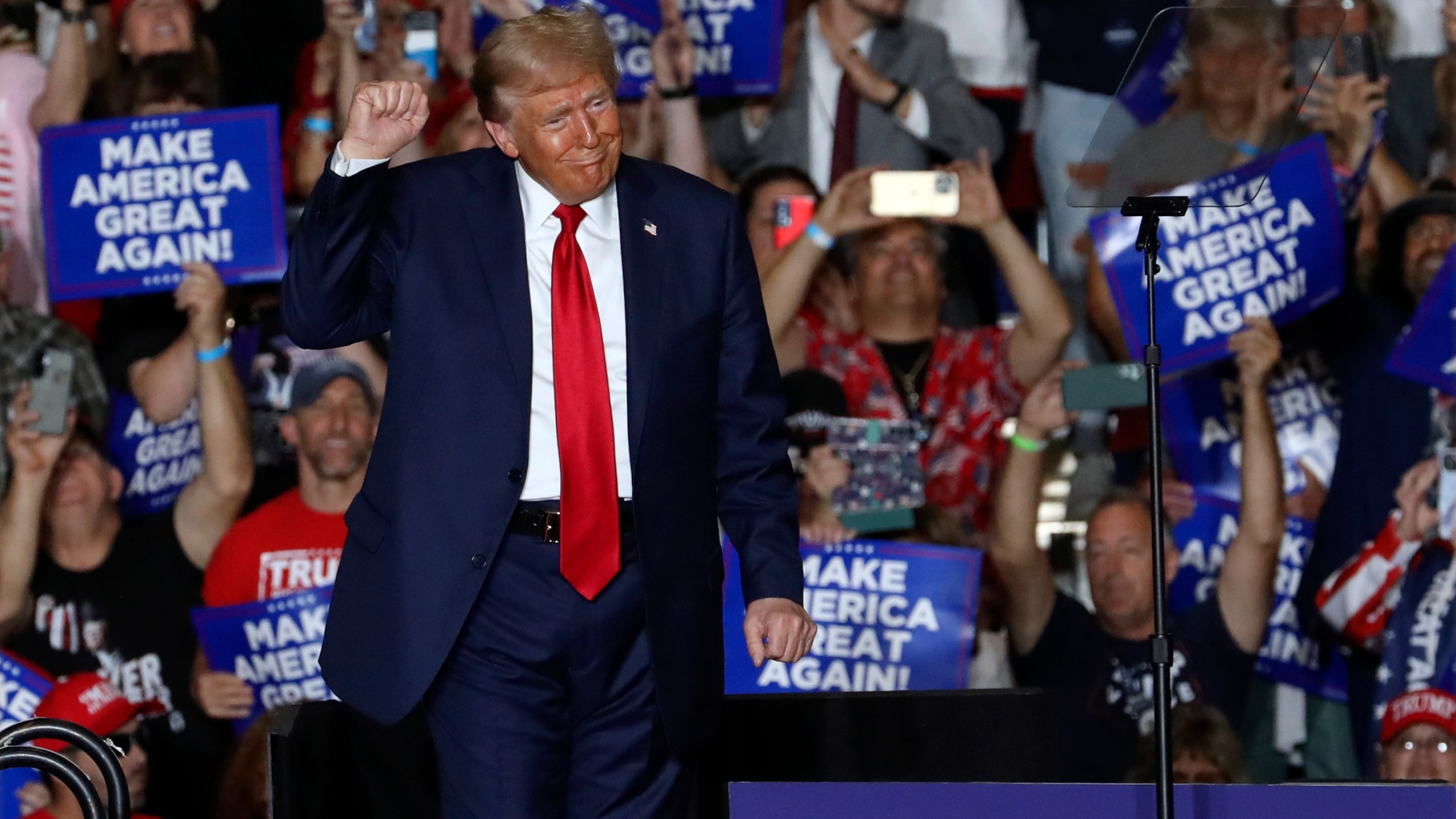 Republican presidential nominee former President Donald Trump gestures at a campaign rally at Bayfront Convention Center in Erie, Pa., Sunday, Sept. 29, 2024. (AP Photo/Rebecca Droke)