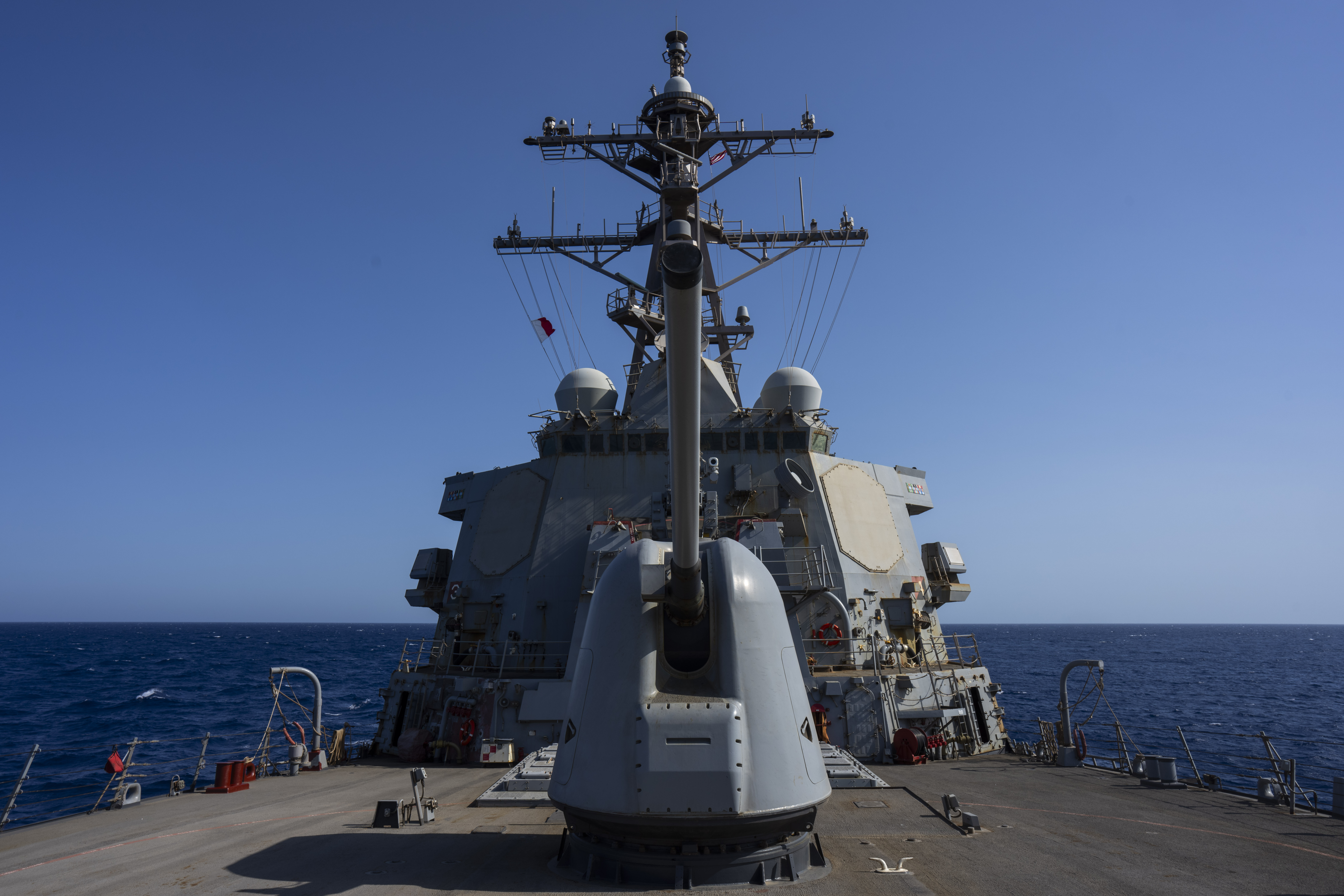 FILE - The Arleigh Burke-class guided missile destroyer USS Laboon sails in the Red Sea, June 12, 2024. (AP Photo/Bernat Armangue, File)