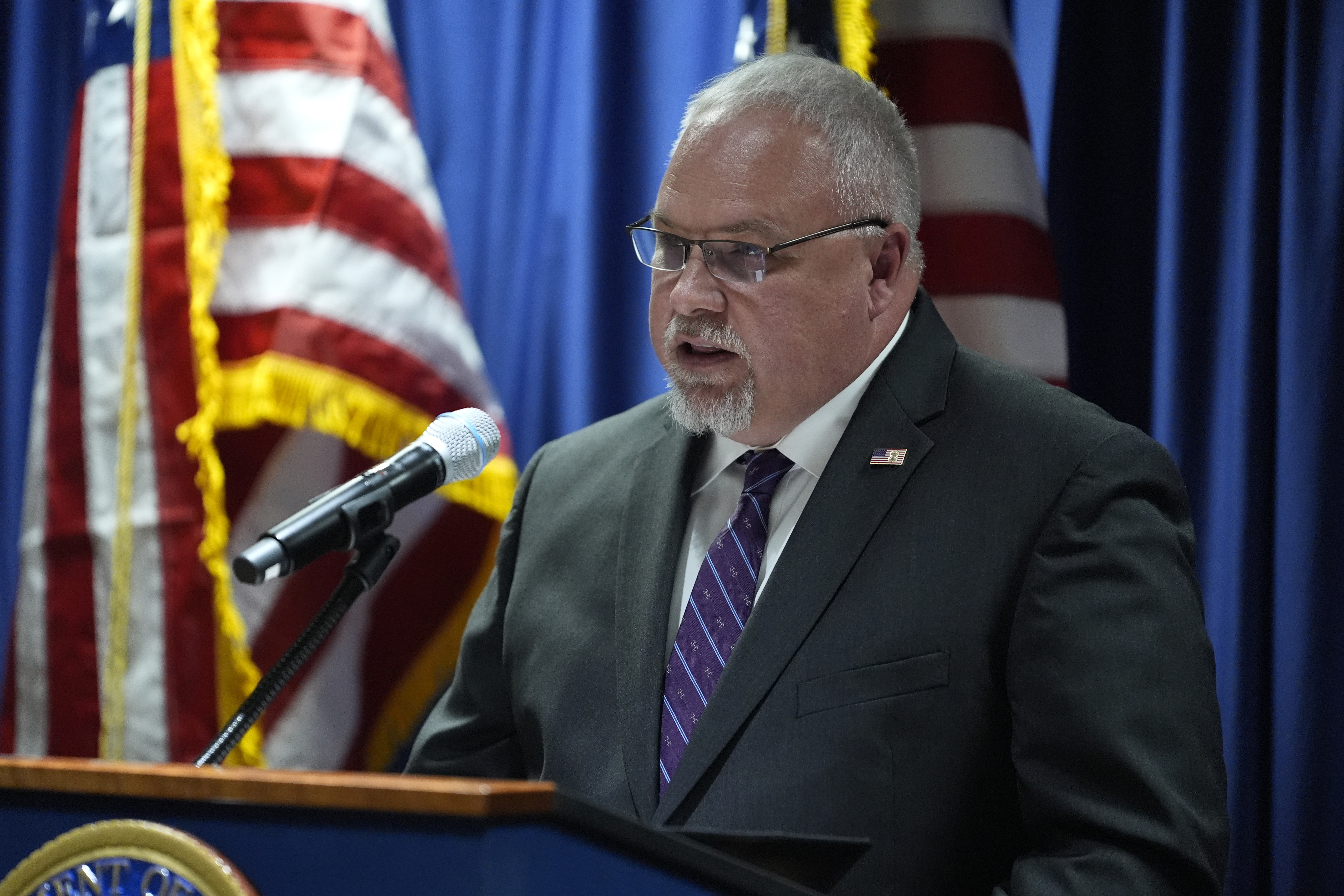 Daniel Brubaker, Inspector in Charge of the U.S. Postal Inspection Service, New York Division speaks during a press conference at Federal Plaza in New York, Monday, Sept. 30, 2024. (AP Photo/Pamela Smith)