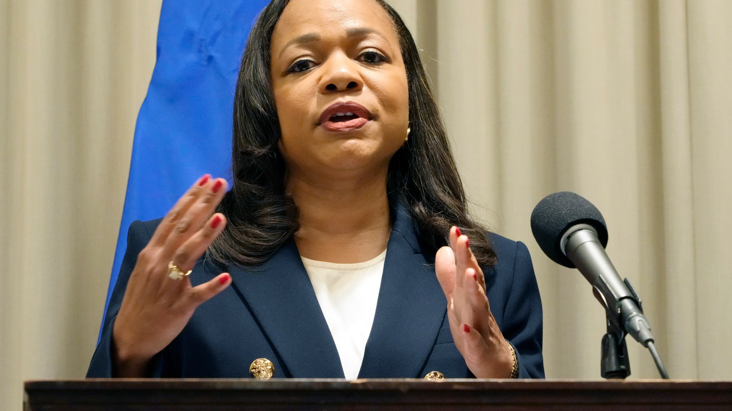 FILE - Assistant Attorney General Kristen Clarke of the U.S. Department of Justice Civil Rights Division makes an announcement at a news conference, Wednesday, Nov. 8, 2023, in Jackson, Miss. (AP Photo/Rogelio V. Solis, File)