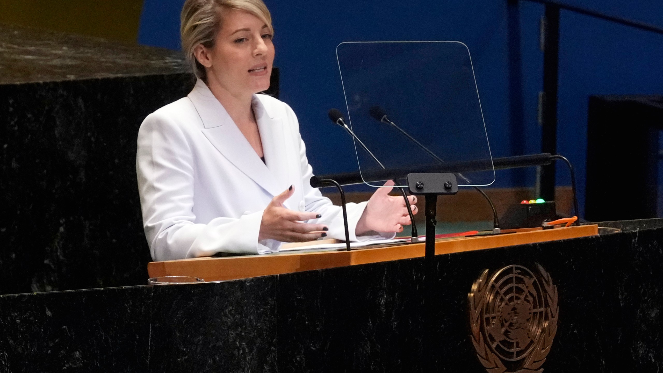 Canada Foreign Minister Melanie Joly addresses the 79th session of the United Nations General Assembly, Monday, Sept. 30, 2024. (AP Photo/Richard Drew)