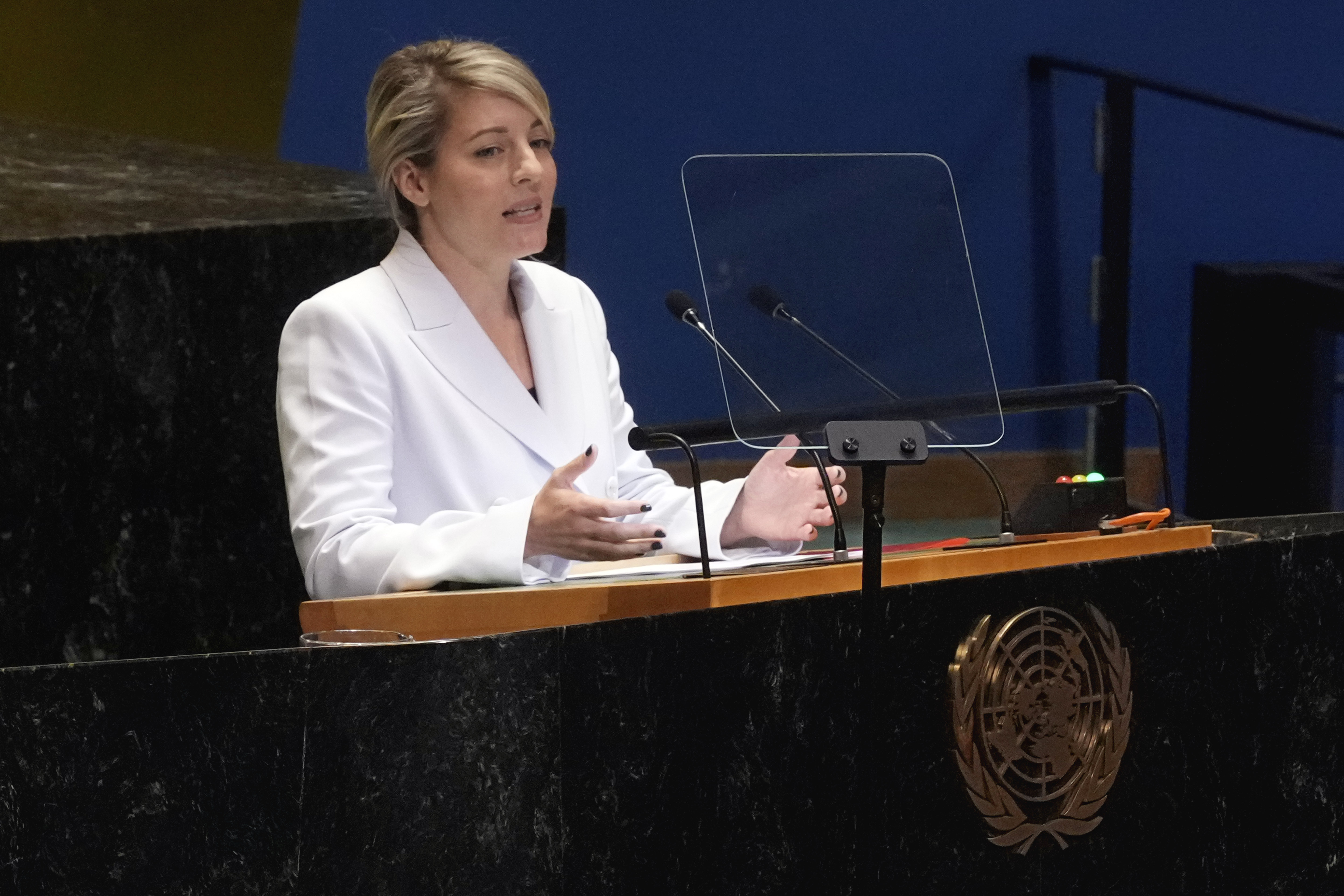 Canada Foreign Minister Melanie Joly addresses the 79th session of the United Nations General Assembly, Monday, Sept. 30, 2024. (AP Photo/Richard Drew)