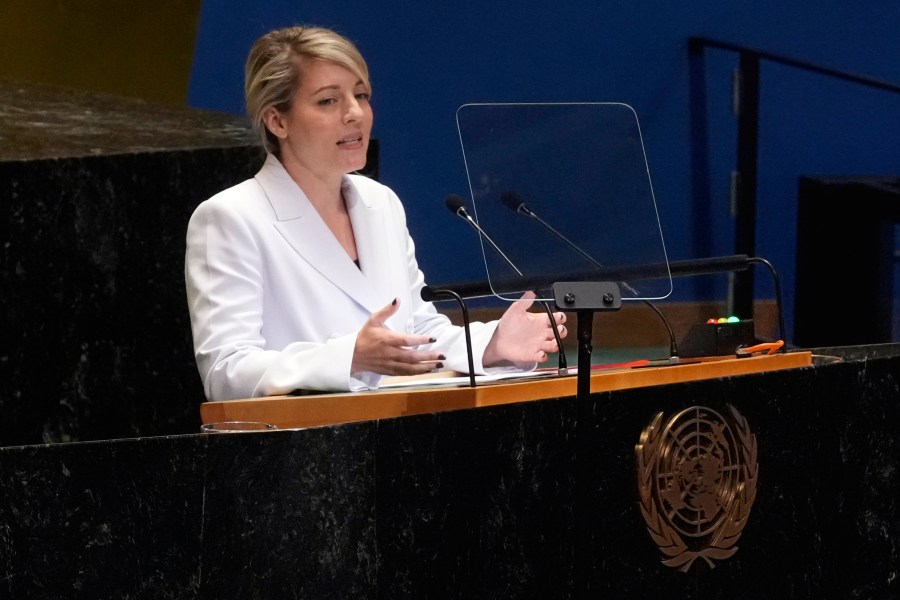 Canada Foreign Minister Melanie Joly addresses the 79th session of the United Nations General Assembly, Monday, Sept. 30, 2024. (AP Photo/Richard Drew)