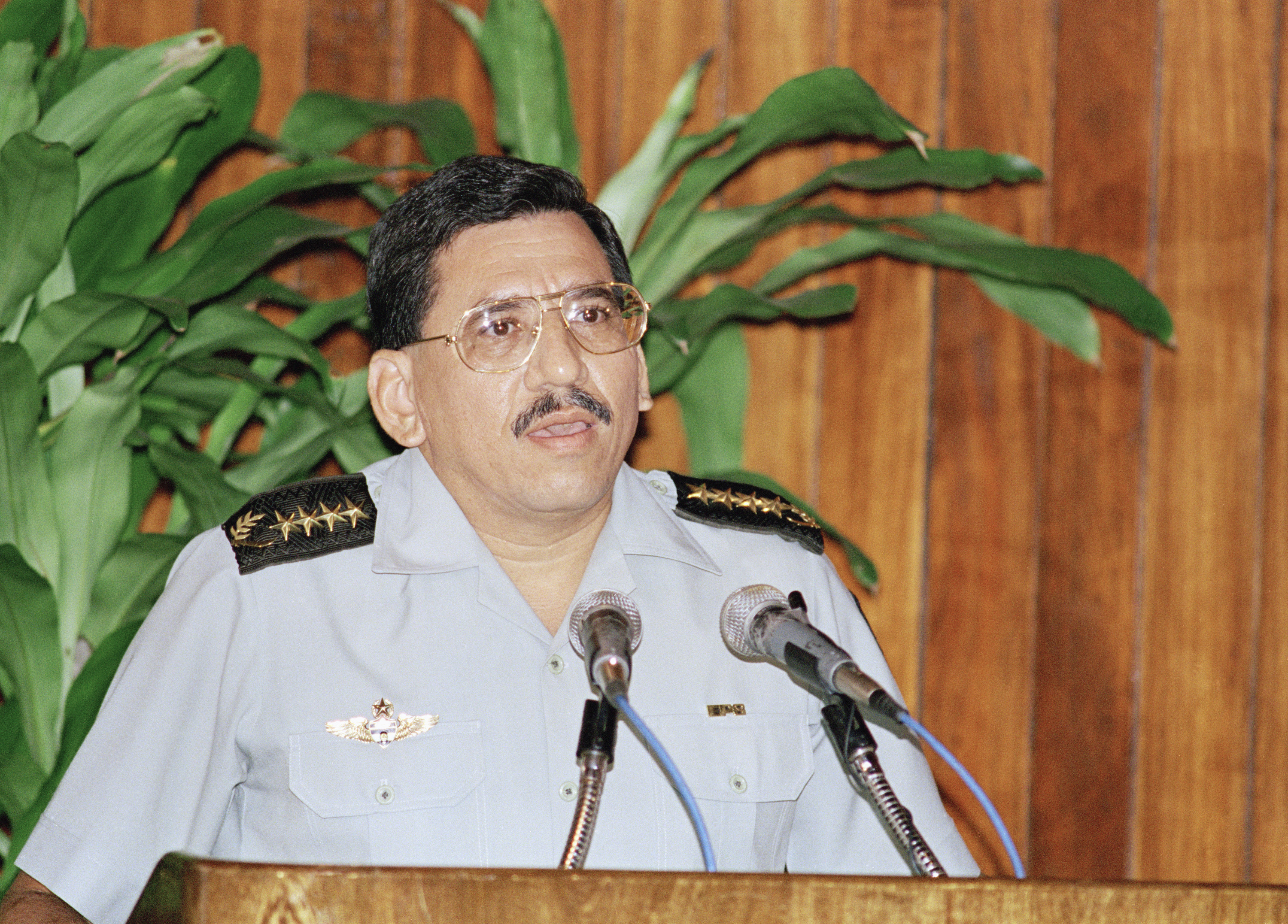 FILE - General Humberto Ortega, head of the Nicaraguan Army, confirms the announcement of his retirement from the army at the presidential house in Managua, Nicaragua, May 18, 1994. (AP Photo/Mark Hume, File)