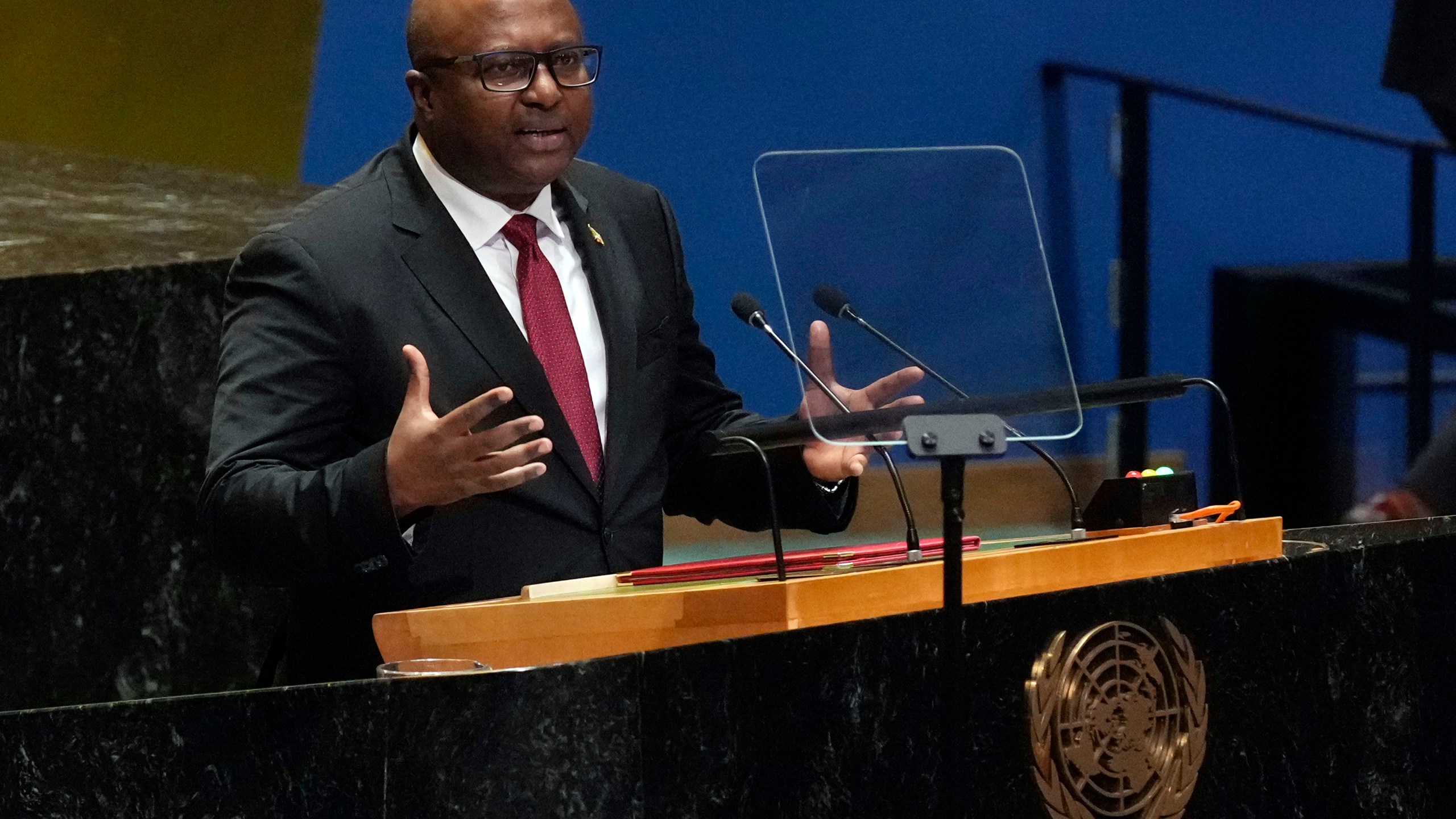 Burundi Foreign Minister Albert Shingiro addresses the 79th session of the United Nations General Assembly, Monday, Sept. 30, 2024. (AP Photo/Richard Drew)