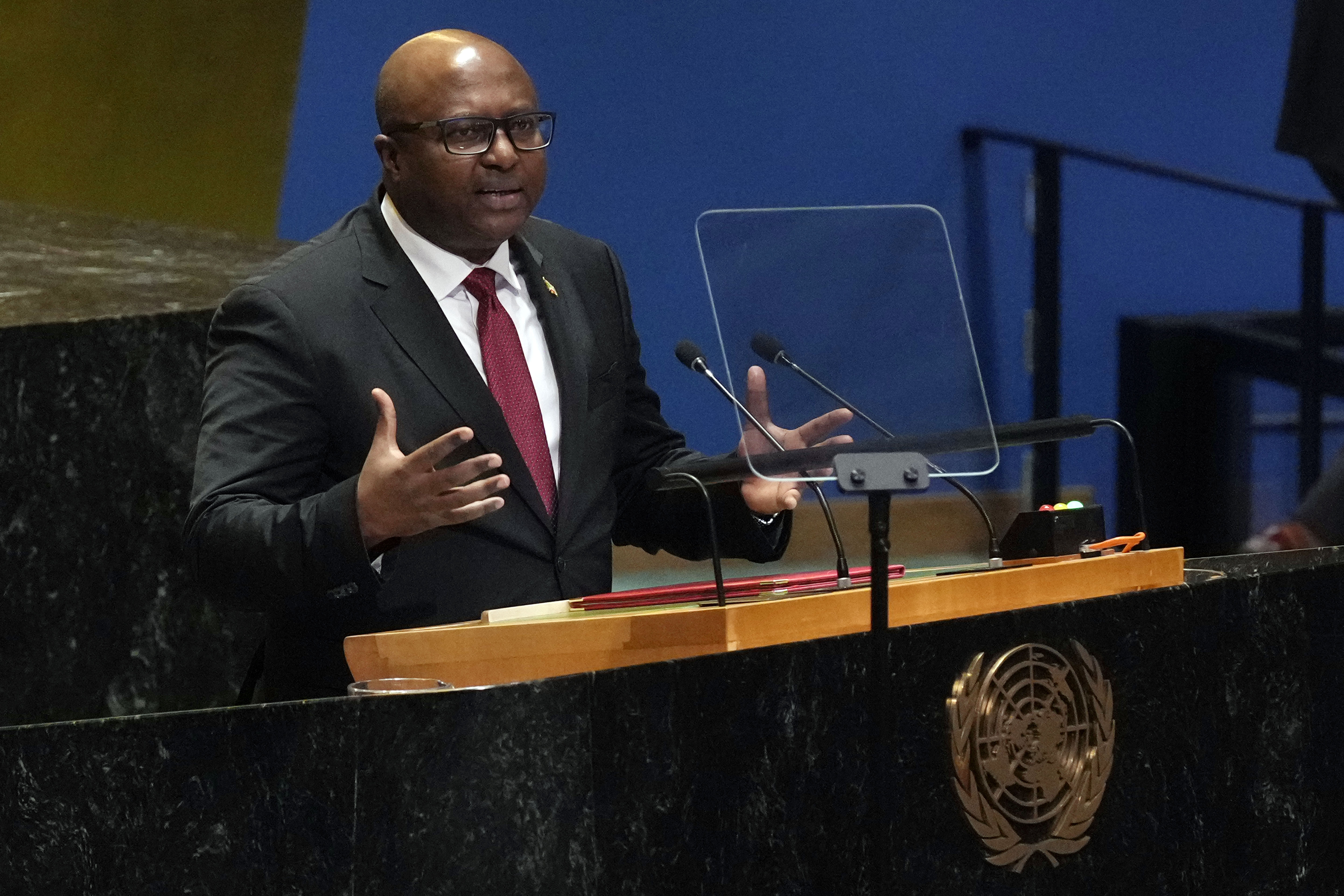 Burundi Foreign Minister Albert Shingiro addresses the 79th session of the United Nations General Assembly, Monday, Sept. 30, 2024. (AP Photo/Richard Drew)