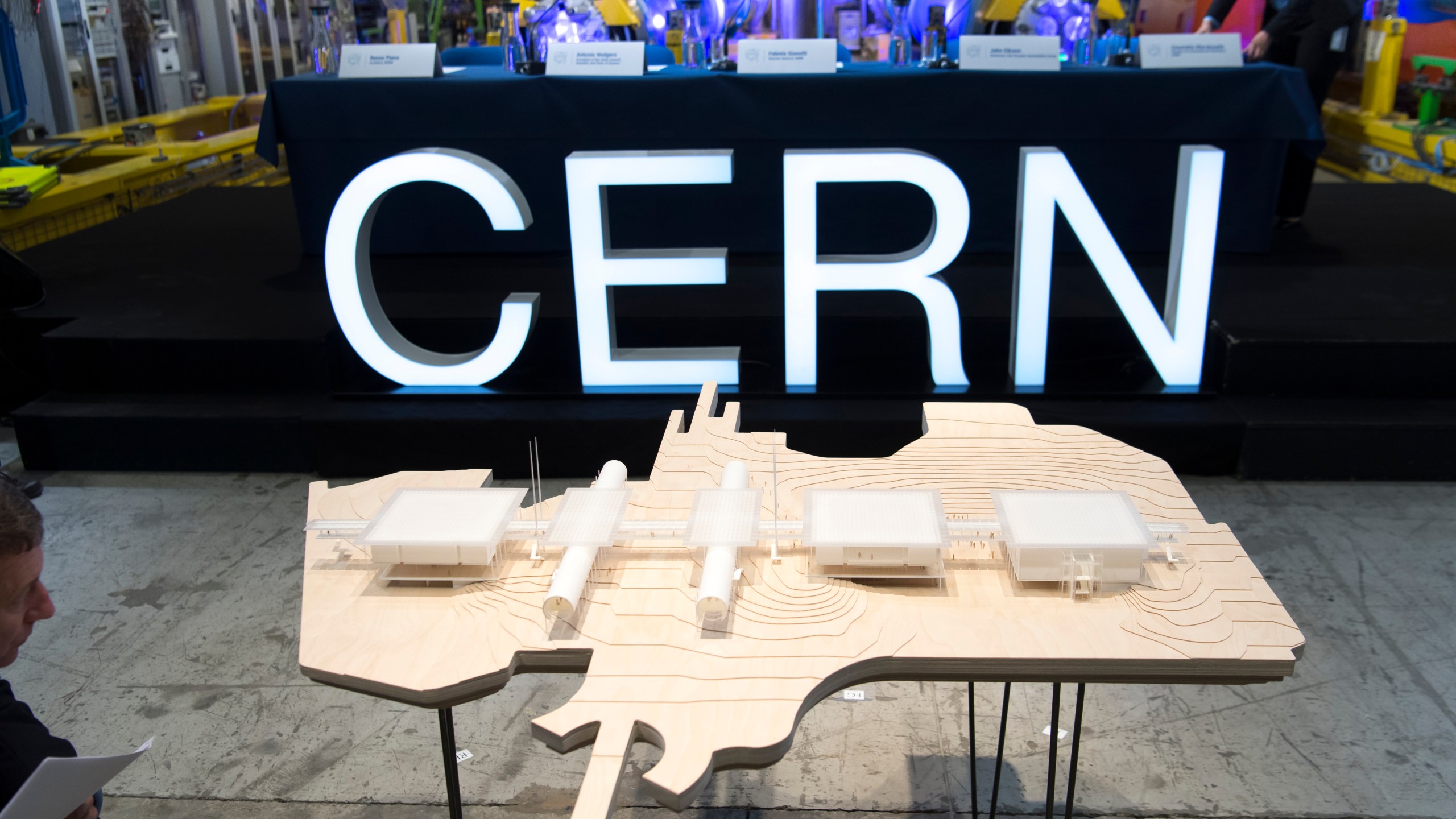 FILE - The scale model of the Science Gateway project of the European Organization for Nuclear Research, CERN, in Meyrin, Switzerland, Monday, April 8, 2019. (Laurent Gillieron/Keystone via AP, File)