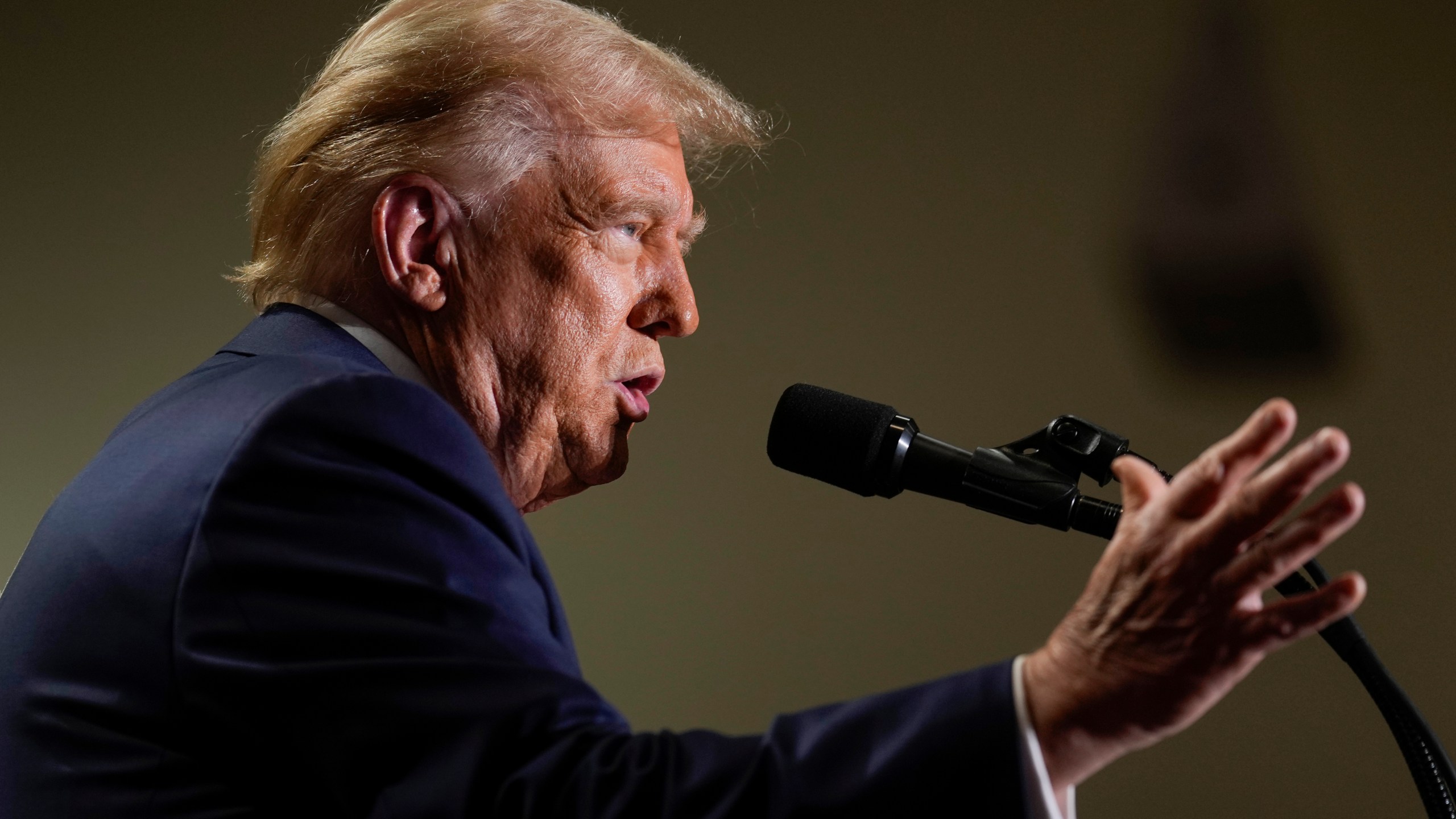 Republican presidential nominee former President Donald Trump speaks at a campaign event, Sunday, Sept. 29, 2024, in Erie, Pa. (AP Photo/Matt Rourke)