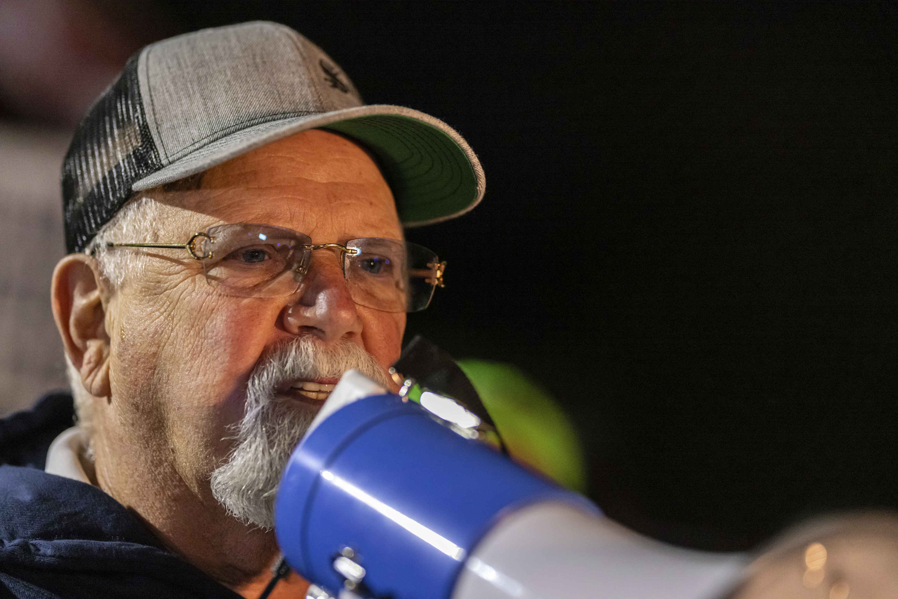 International Longshoreman's Association President, Harold J. Daggett speaks to union workers at the Port Newark/Elizabeth-Port Authority Marine Terminal complex on Tuesday Oct. 1, 2024 in New Jersey. (AP Photo/Stefan Jeremiah)