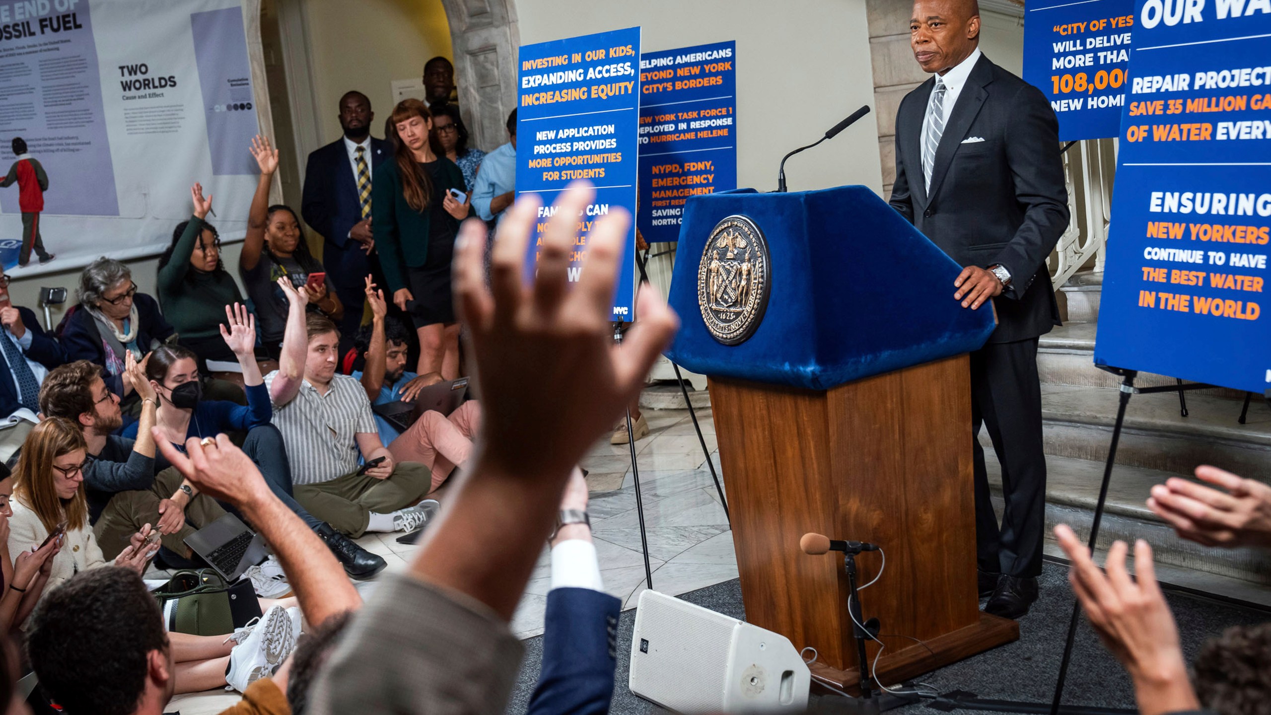 This photo provided by the New York Mayoral Photography Office shows New York City Mayor Eric Adams during his in-person media availability at City Hall, Tuesday, Oct. 1, 2024, in New York. (Ed Reed/New York Mayoral Photography Office via AP)