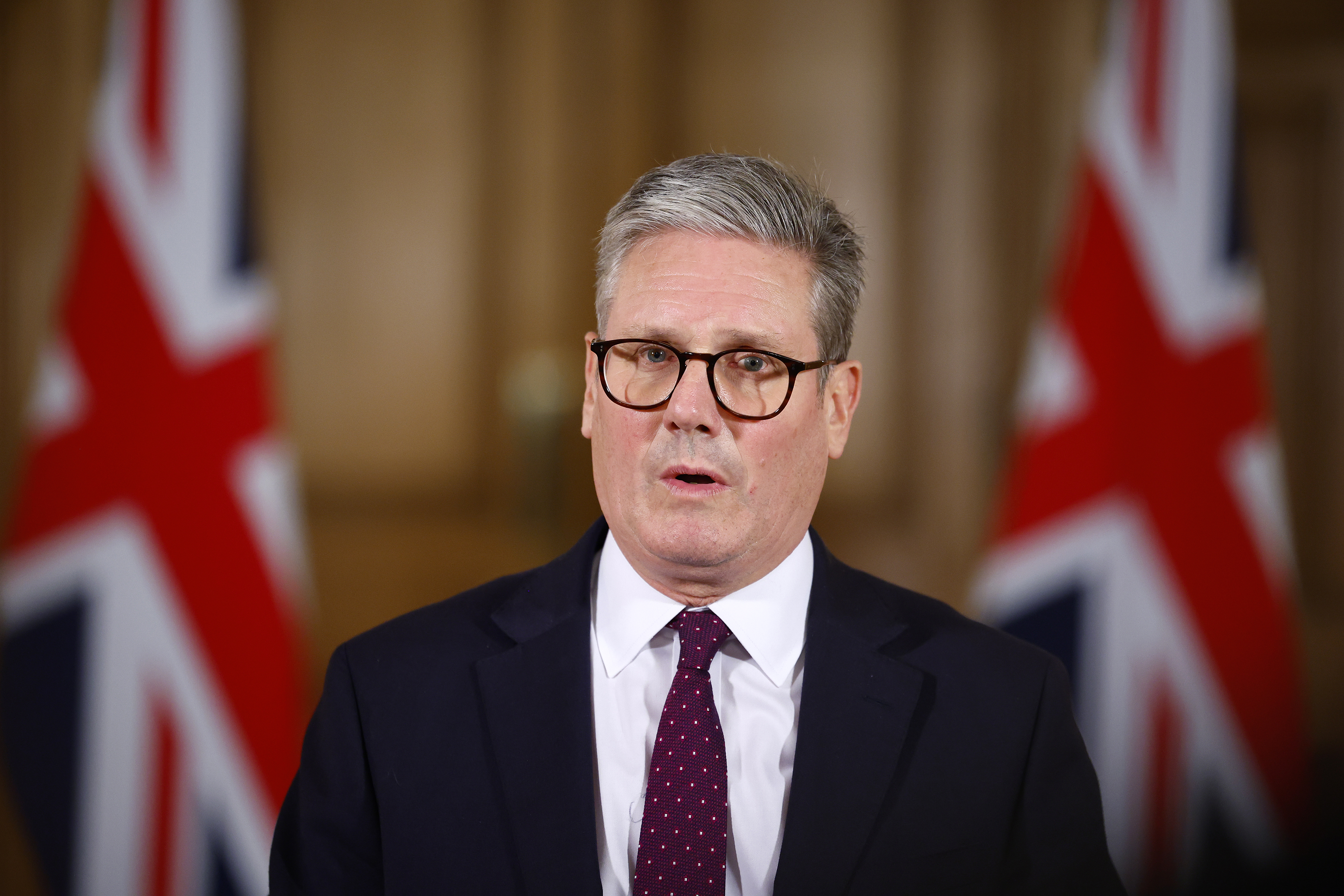 Britain's Prime Minister Keir Starmer makes a statement on the evolving situation in the Middle East, inside 10 Downing Street in London, Tuesday, Oct. 1, 2024. (Benjamin Cremel/Pool Photo via AP)