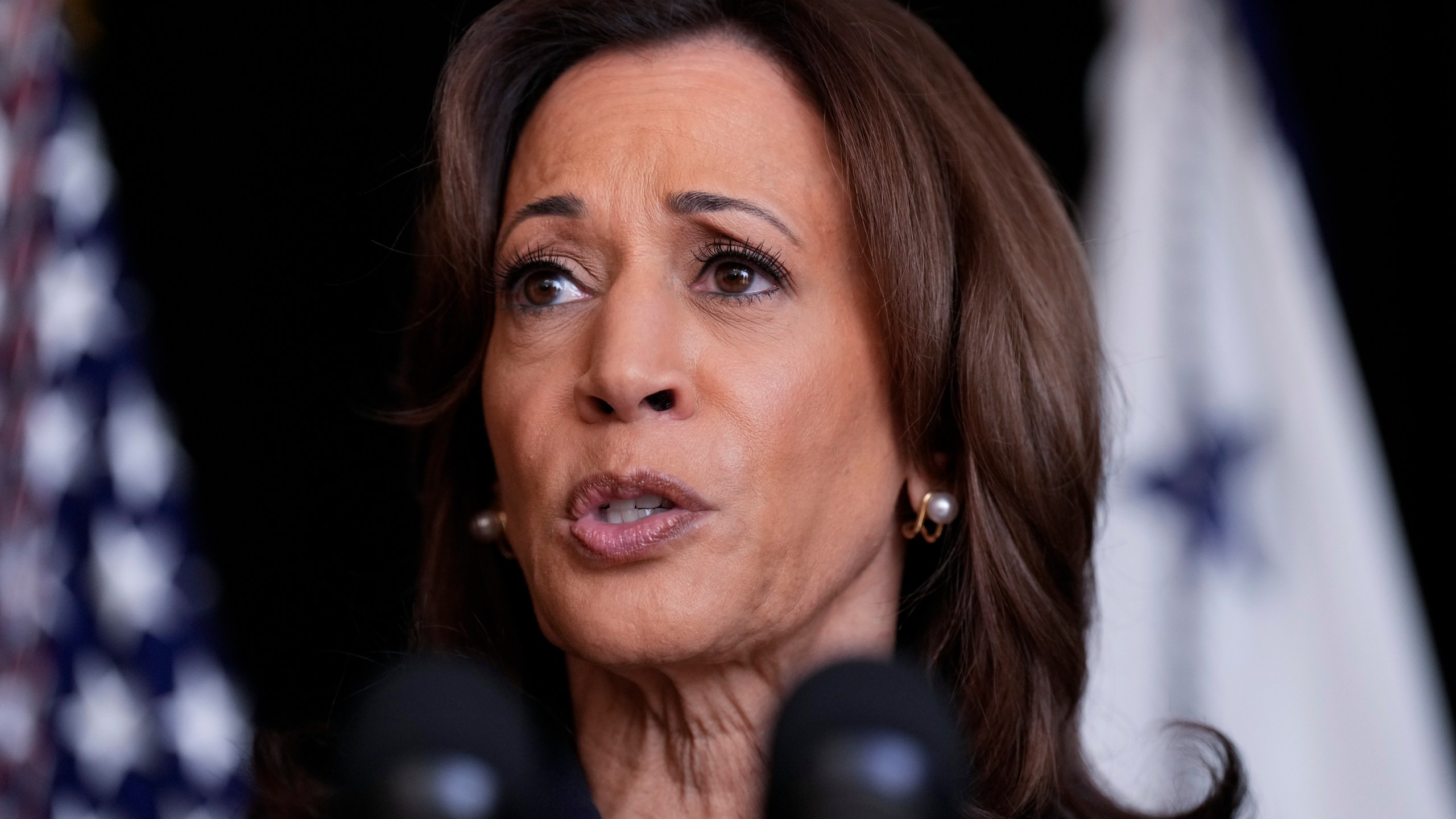 Democratic presidential nominee Vice President Kamala Harris speaks to members of the media, Tuesday Oct. 1, 2024, in Washington. (AP Photo/Jacquelyn Martin)