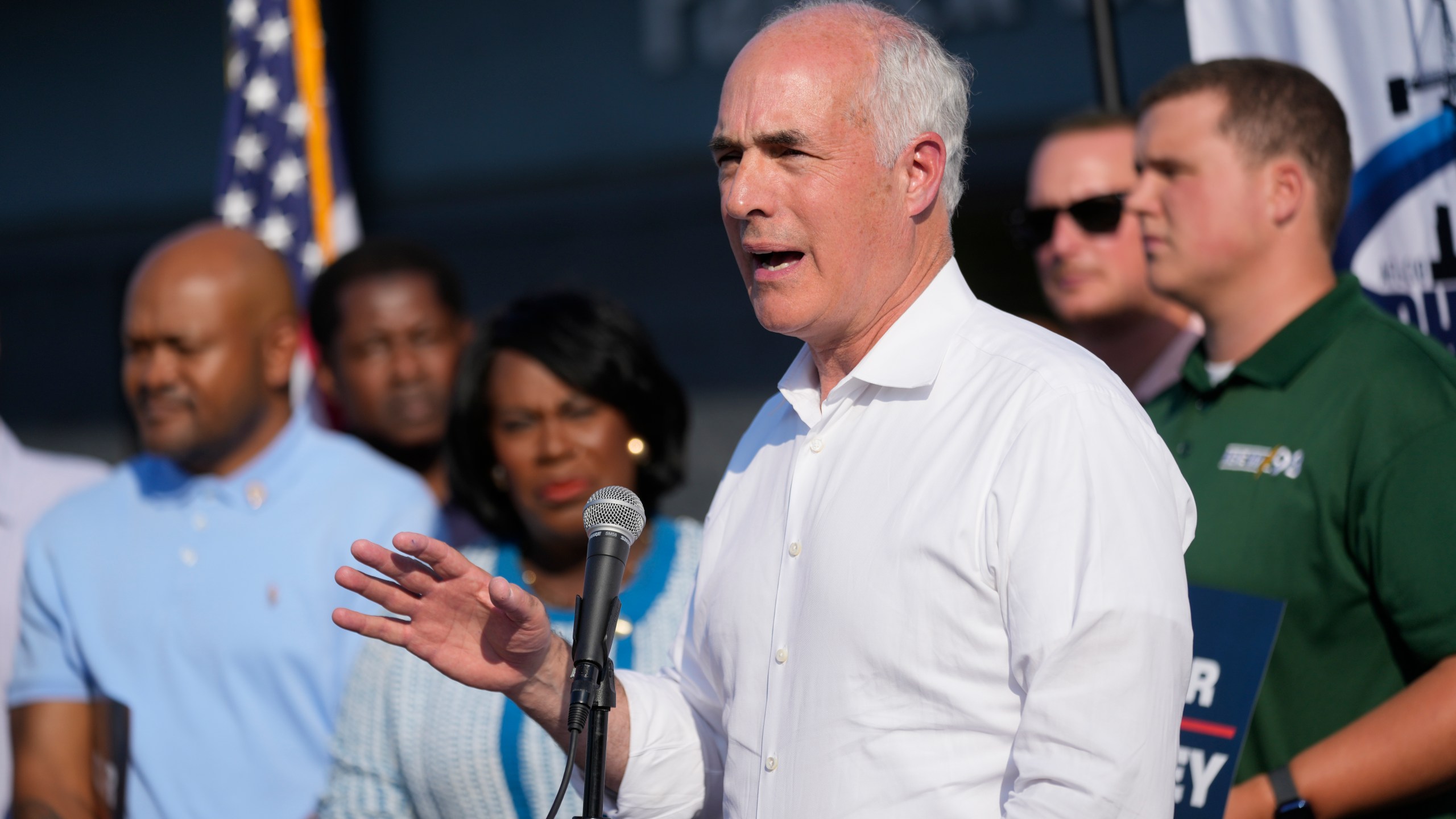 Sen. Bob Casey, D-Pa., speaks during a campaign event with union members in Philadelphia, Wednesday, Sept. 4, 2024. (AP Photo/Matt Rourke)