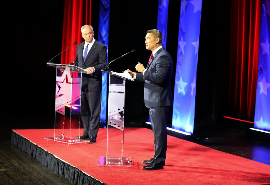 U.S. Sen. Tim Kaine of Virginia , left, debates Republican challenger Hung Cao at Norfolk State University in Norfolk, Va., on Wednesday Oct. 2, 2024. (Nextstar/WAVY-TV via AP, Pool)