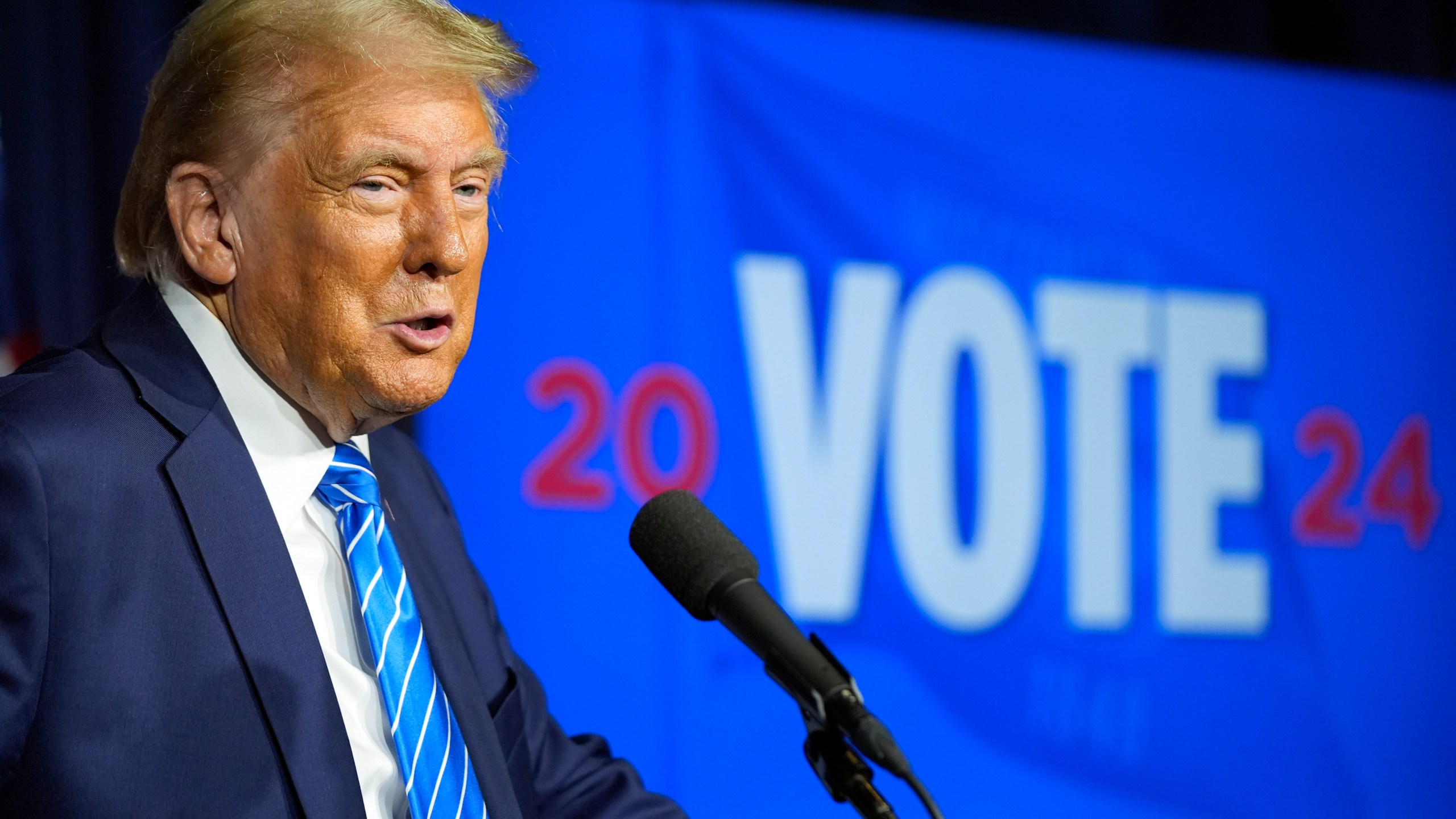 Republican presidential nominee former President Donald Trump speaks at campaign event at Discovery World, Friday, Oct. 1, 2024, in Milwaukee. (AP Photo/Alex Brandon)