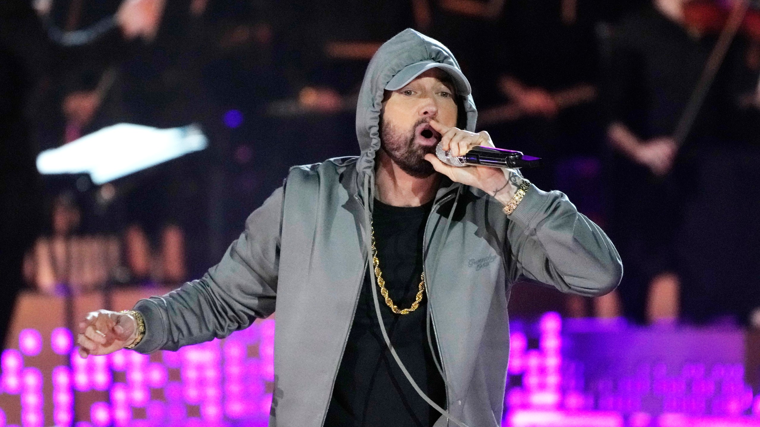 FILE - Eminem performs during "Live From Detroit: The Concert at Michigan Central," June 6, 2024, in Detroit. (AP Photo/Carlos Osorio, File)