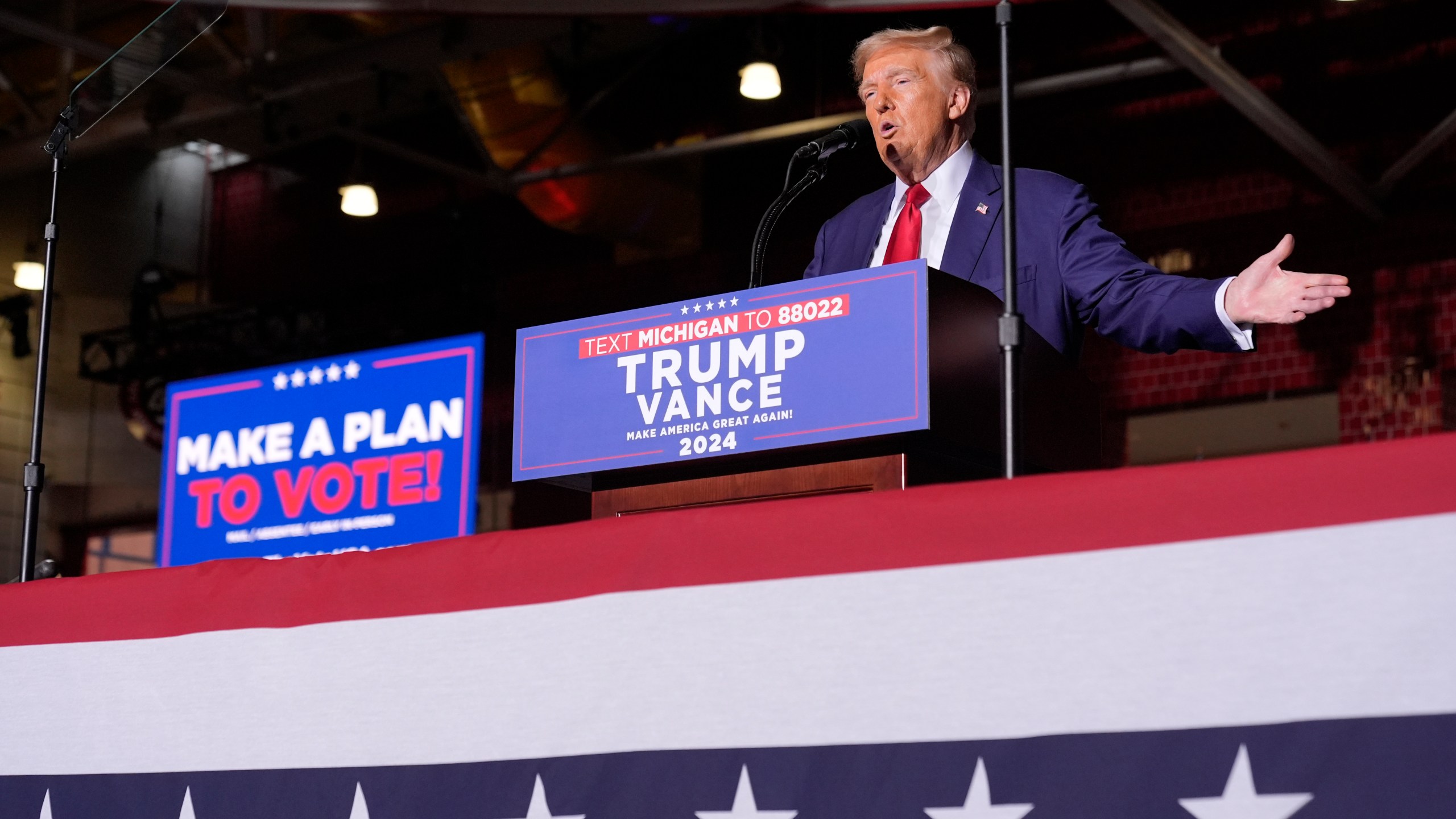 Republican presidential nominee former President Donald Trump speaks at a campaign event at the Ryder Center at Saginaw Valley State University, Thursday, Oct. 3, 2024, in University Center, Mich. (AP Photo/Alex Brandon)