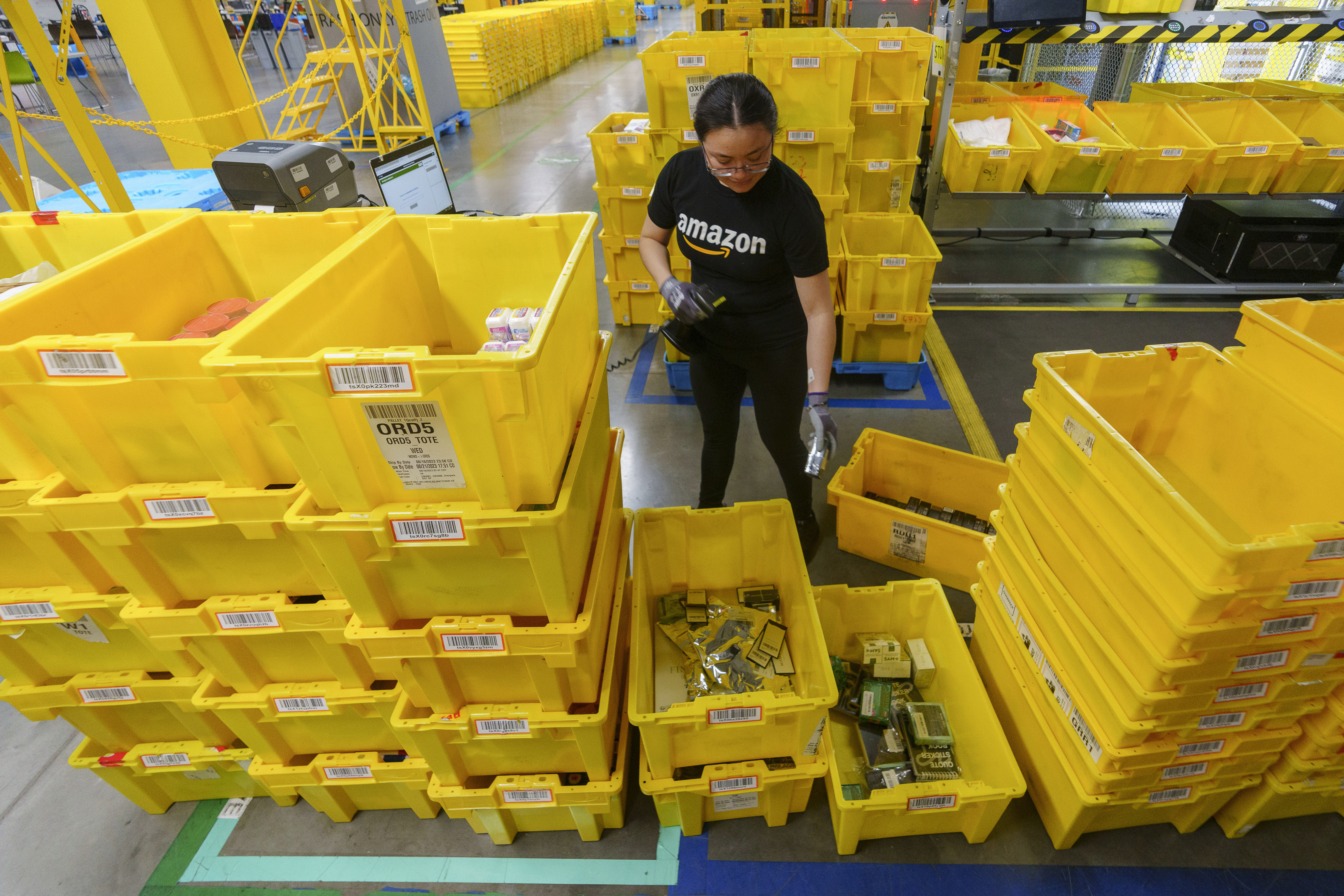 FILE - An employee scans incoming items at a receiving station at the Amazon OXR1 fulfillment center in Oxnard, Calif., on Aug. 21, 2024. (AP Photo/Damian Dovarganes, File)