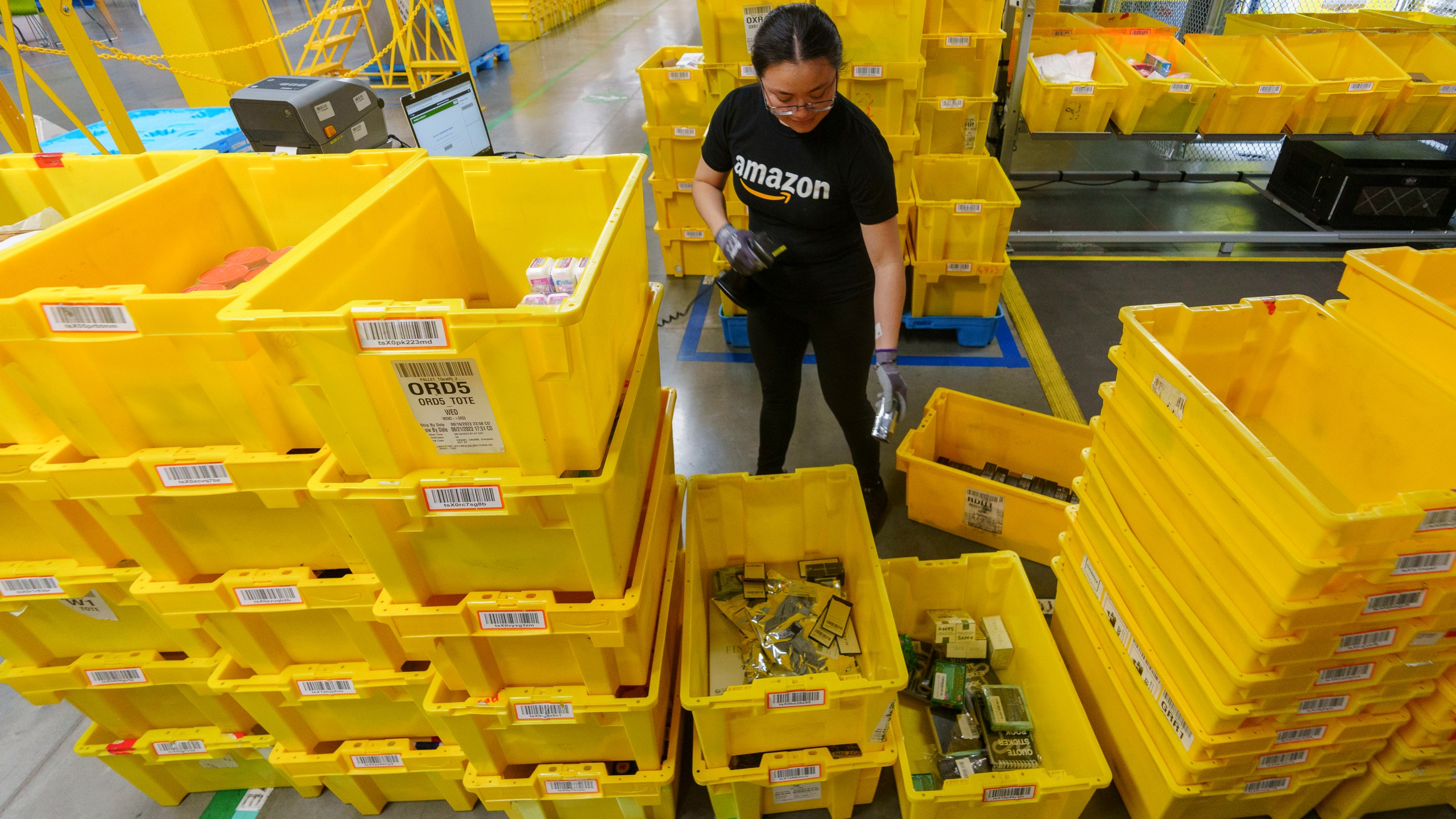 FILE - An employee scans incoming items at a receiving station at the Amazon OXR1 fulfillment center in Oxnard, Calif., on Aug. 21, 2024. (AP Photo/Damian Dovarganes, File)