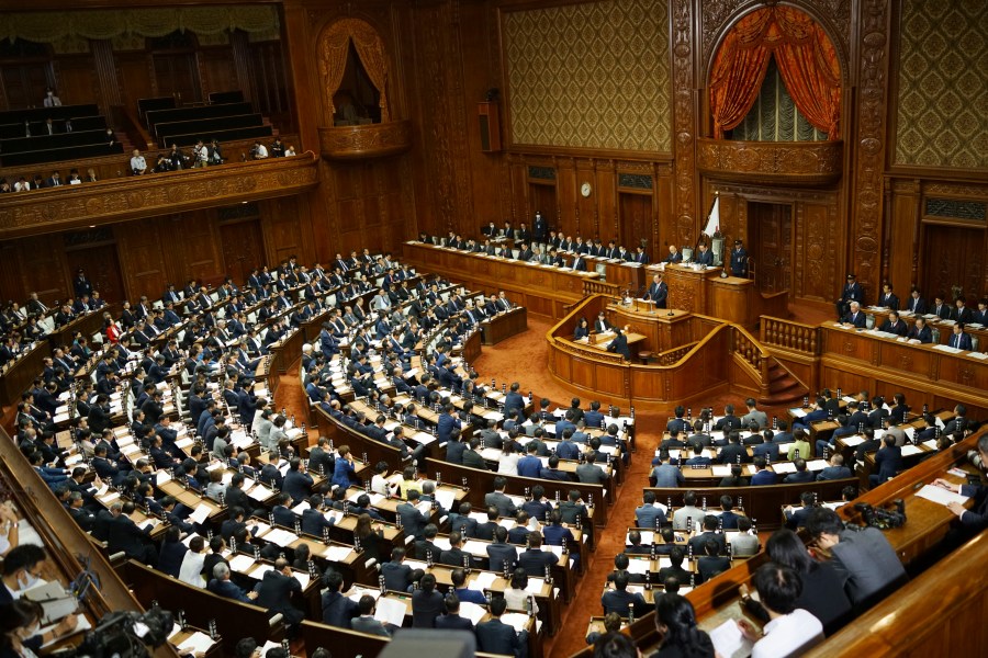 Japanese Prime Minister Shigeru Ishiba delivers his first policy speech during a Diet session at the Lower House of the Parliament Friday, Oct. 4, 2024, in Tokyo. (AP Photo/Eugene Hoshiko)