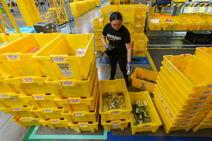 FILE - An employee scans incoming items at a receiving station at the Amazon OXR1 fulfillment center in Oxnard, Calif., on Aug. 21, 2024. (AP Photo/Damian Dovarganes, File)